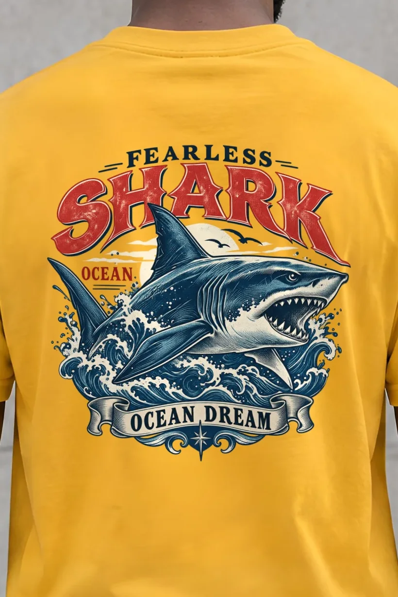 "Fearless Shark Ocean" Heavyweight Unisex Crewneck T-shirt - the graphic up close