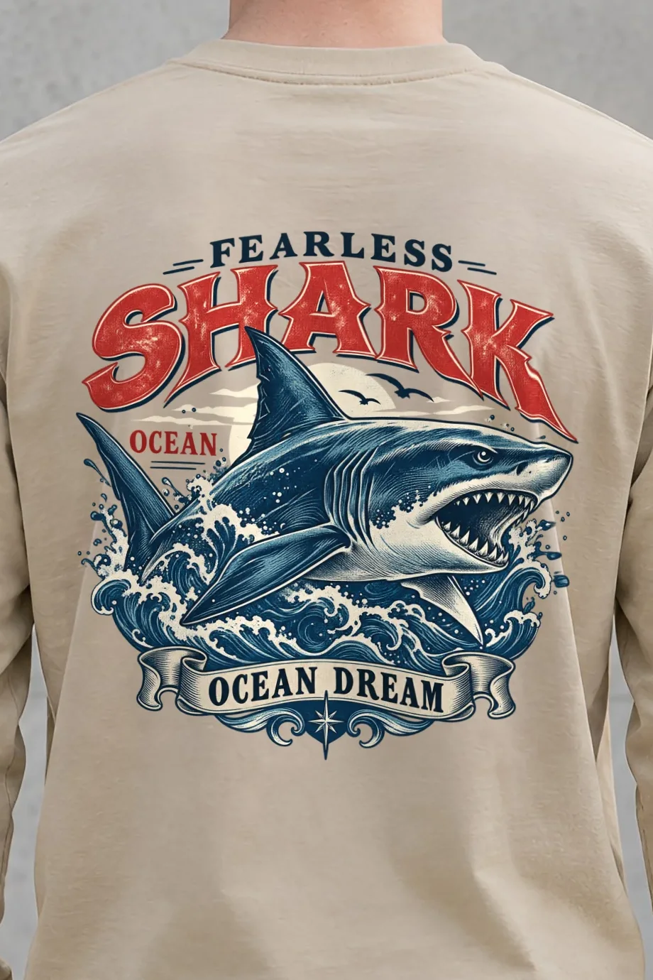"Fearless Shark Ocean" Unisex Longsleeve T-shirt - the graphic up close