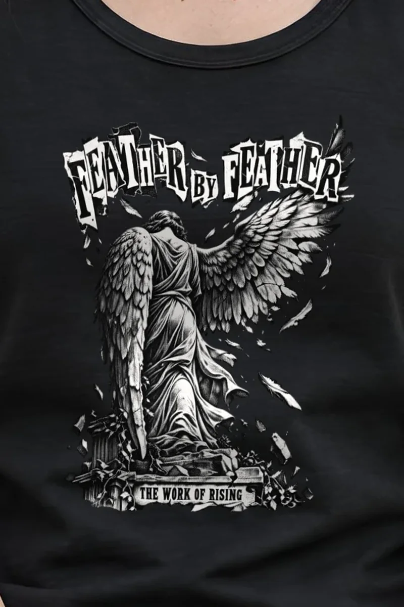 "Feather by Feather the Work of Rising" Unisex Jersey Tank - the graphic up close