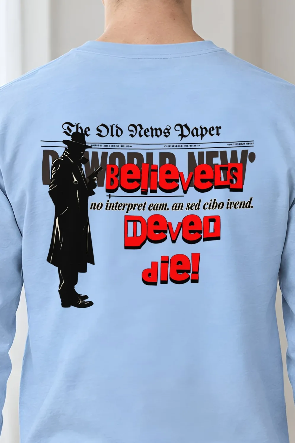 "Fedora Newspaper Reader" Unisex Longsleeve T-shirt - the graphic up close