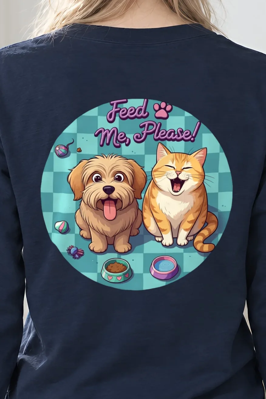 "Feed Me, Please!" Unisex Longsleeve T-shirt - the graphic up close