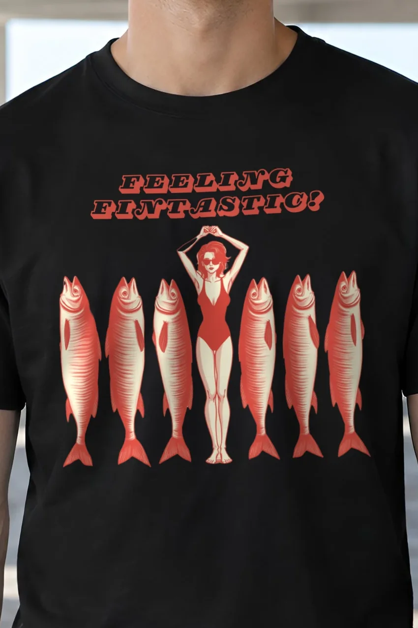 "Feeling Fintastic" Heavyweight Unisex Crewneck T-shirt - the graphic up close