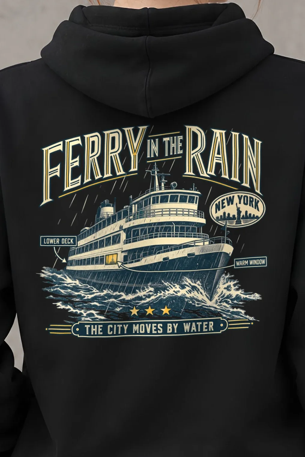 "Ferry in the Rain" Heavy Blend Unisex Pullover Hoodie - the graphic up close