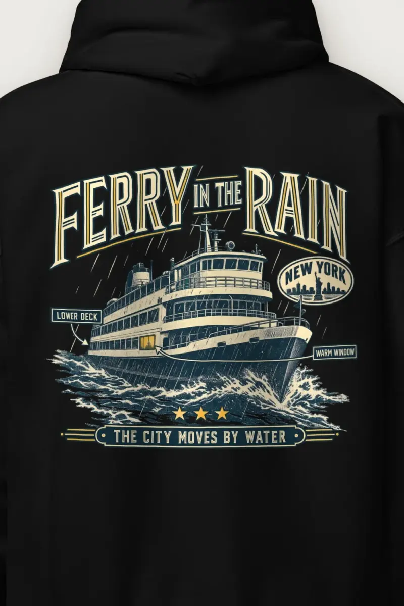 "Ferry in the Rain" Heavy Blend Unisex Pullover Hoodie - the graphic up close