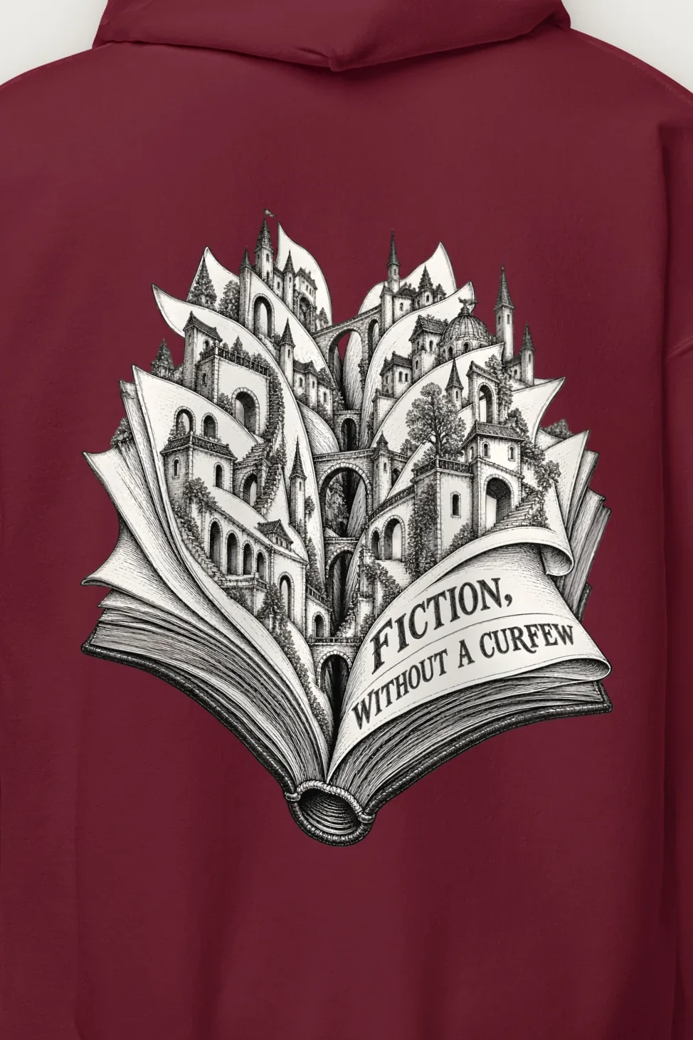 "Fiction, Without a Curfew" Heavy Blend Unisex Pullover Hoodie - the graphic up close
