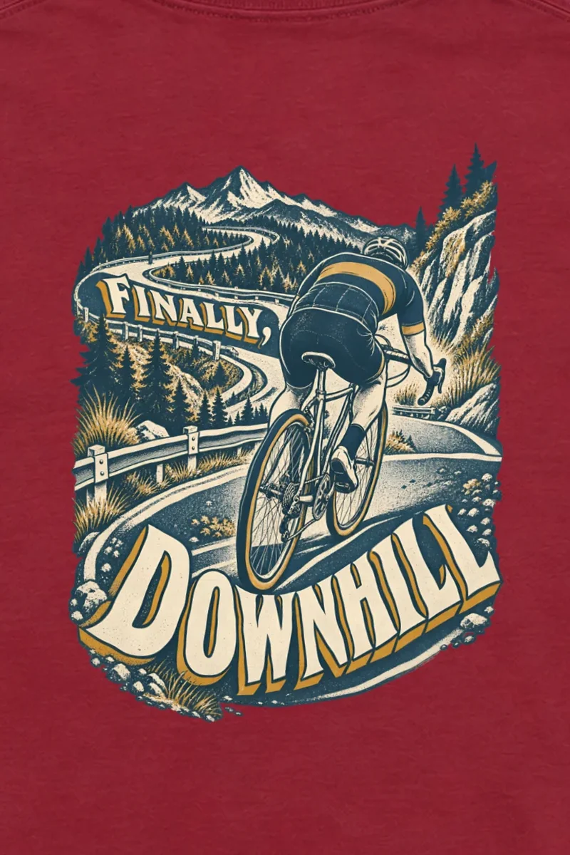 "Finally, Downhill" Unisex Longsleeve T-shirt - the graphic up close
