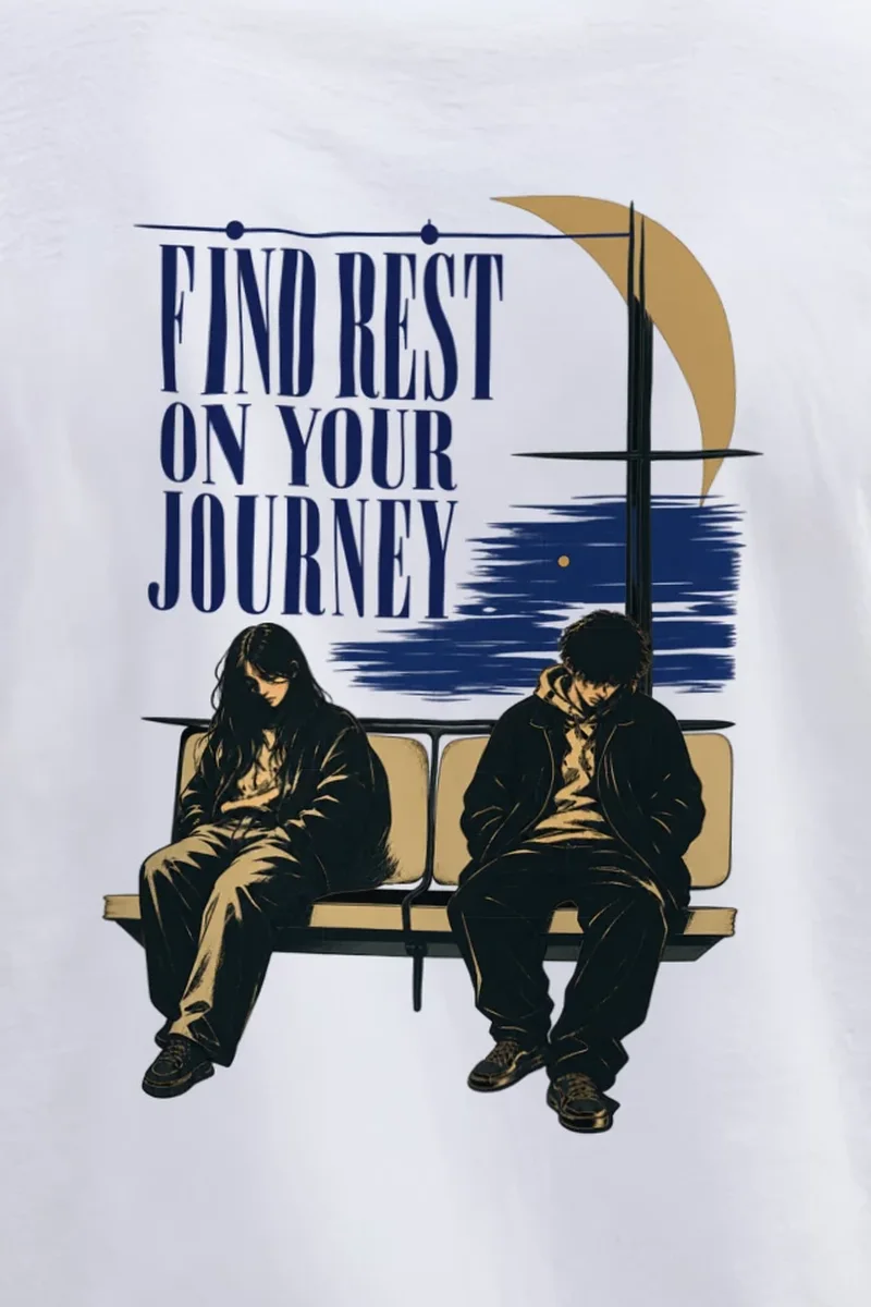 "Find Rest On Your Journey" Heavyweight Unisex Crewneck T-shirt - the graphic up close