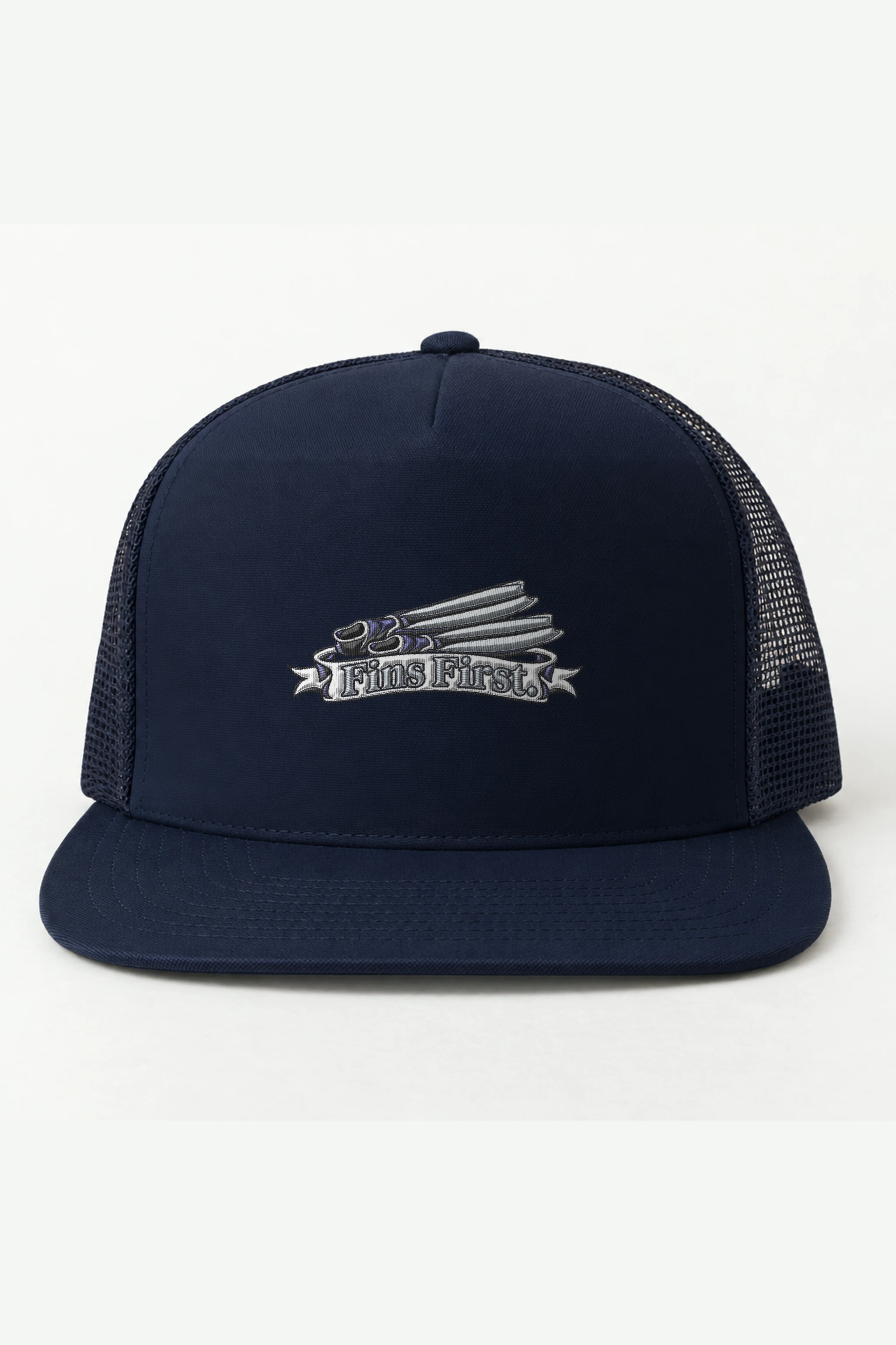 "Fins First" 5 Panel Trucker Cap · Embroidered