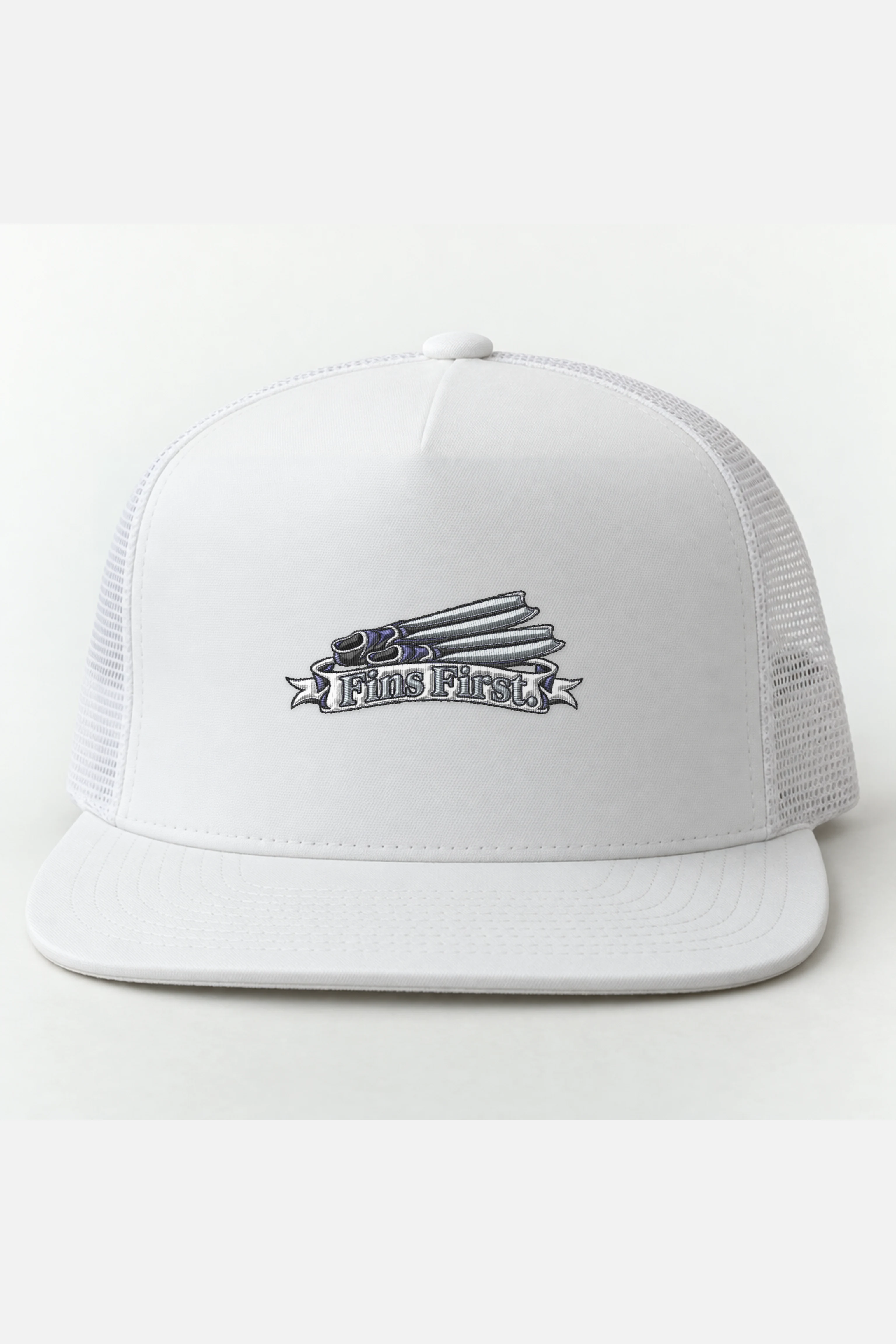 "Fins First" 5 Panel Trucker Cap · Embroidered