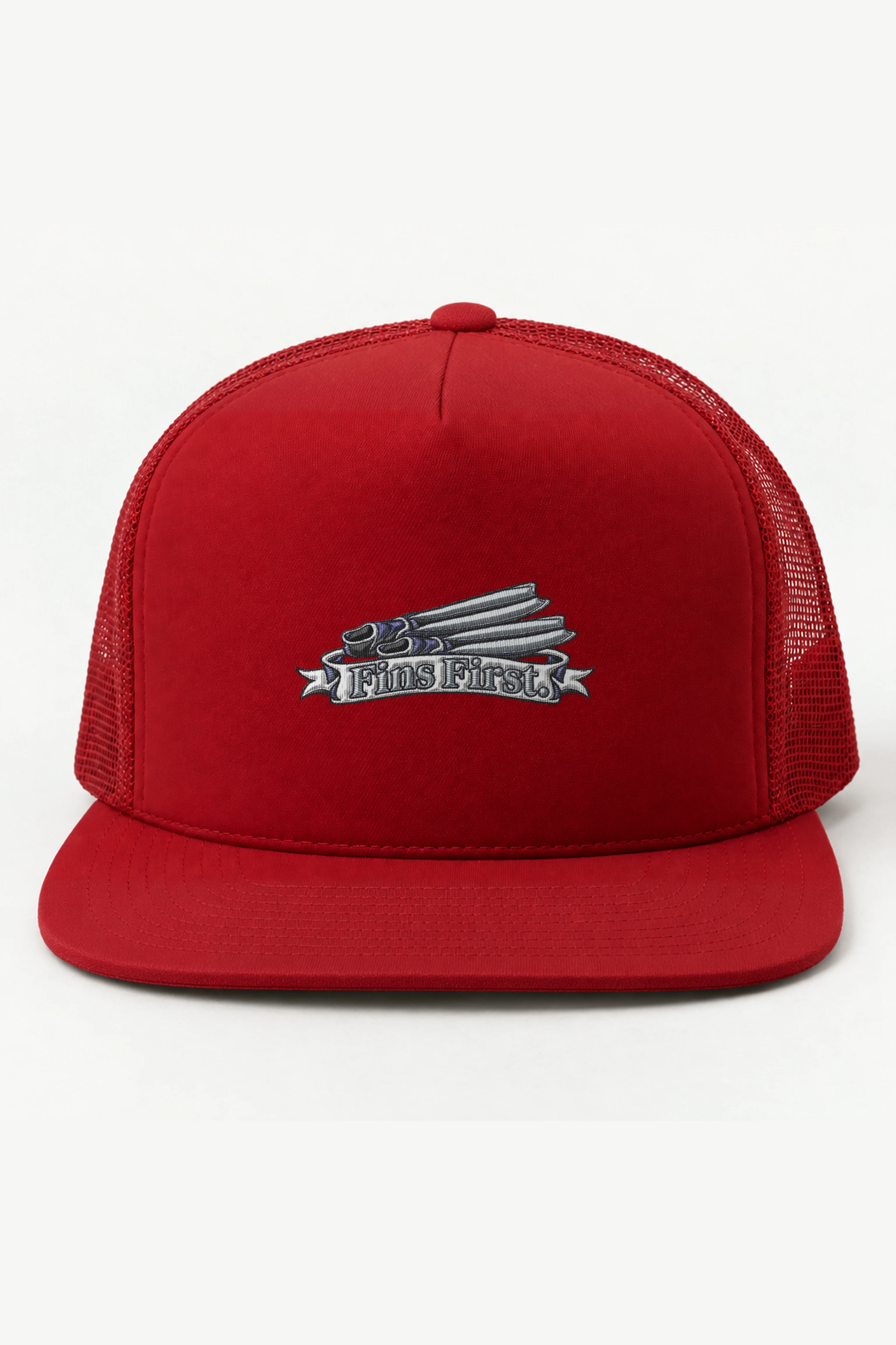"Fins First" 5 Panel Trucker Cap · Embroidered