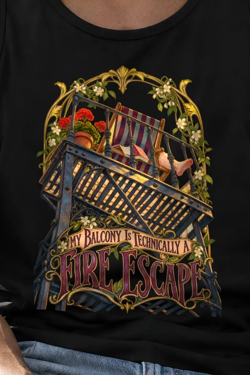"Fire Escape Balcony" Unisex Jersey Tank - the graphic up close