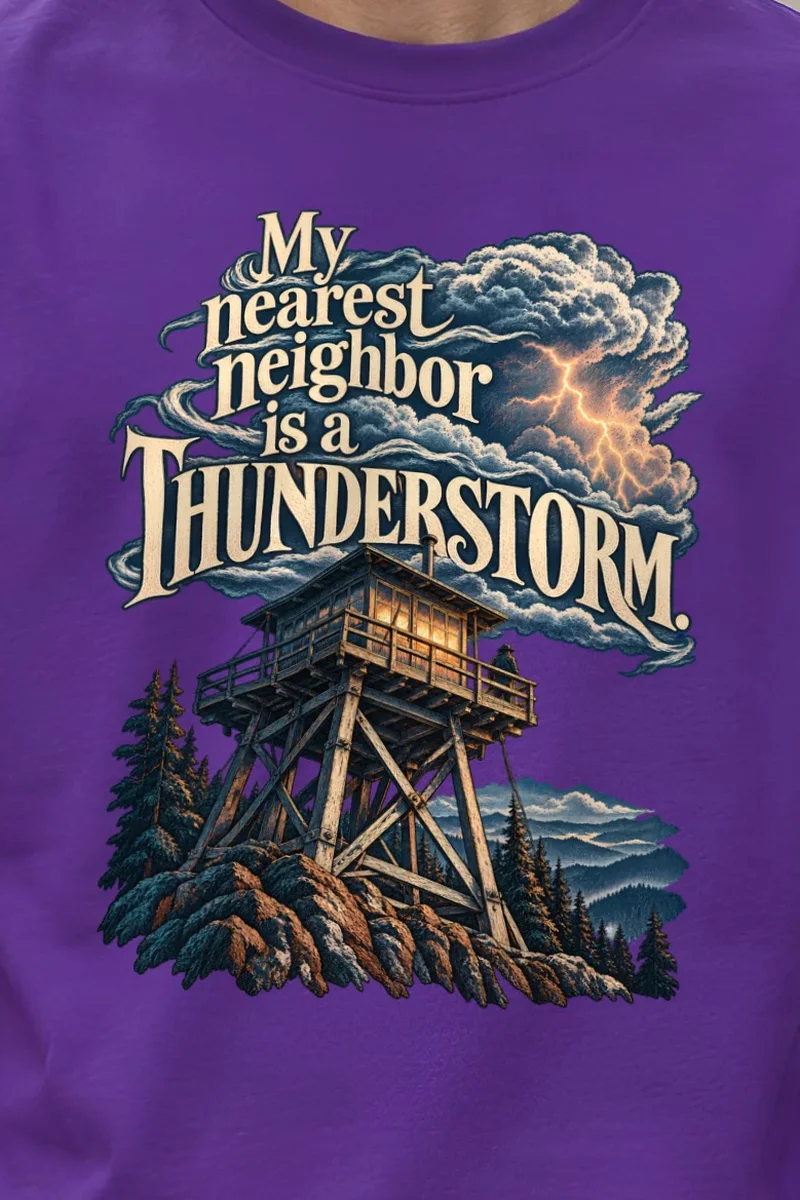 "Fire Lookout Thunderstorm" Heavyweight Unisex Crewneck T-shirt - the graphic up close