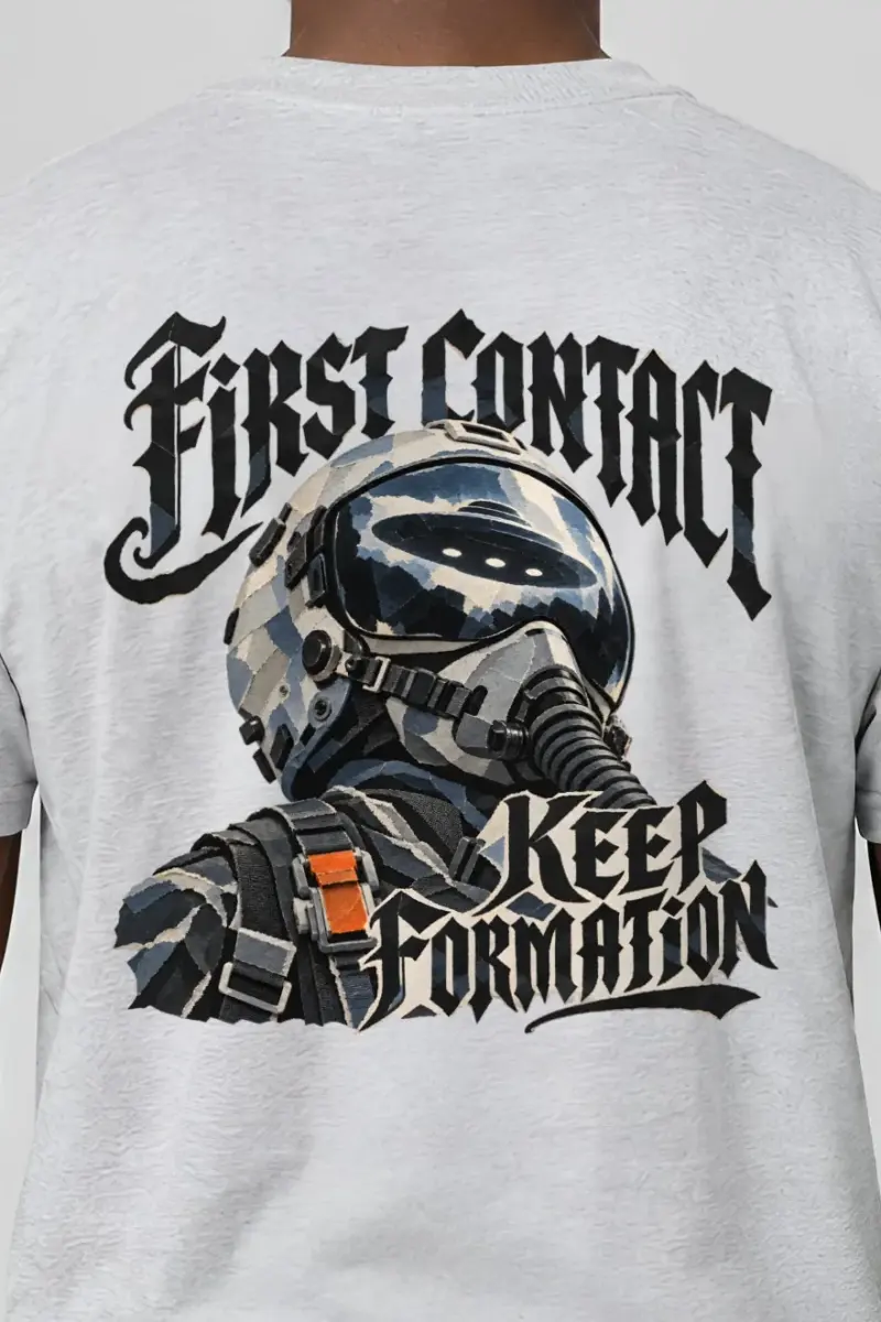 "First Contact, Keep Formation" Heavyweight Unisex Crewneck T-shirt - the graphic up close