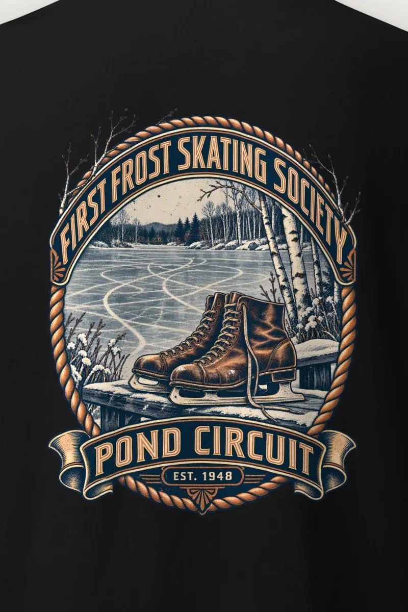 "First Frost Skating Society" Heavyweight Unisex Crewneck T-shirt - the graphic up close