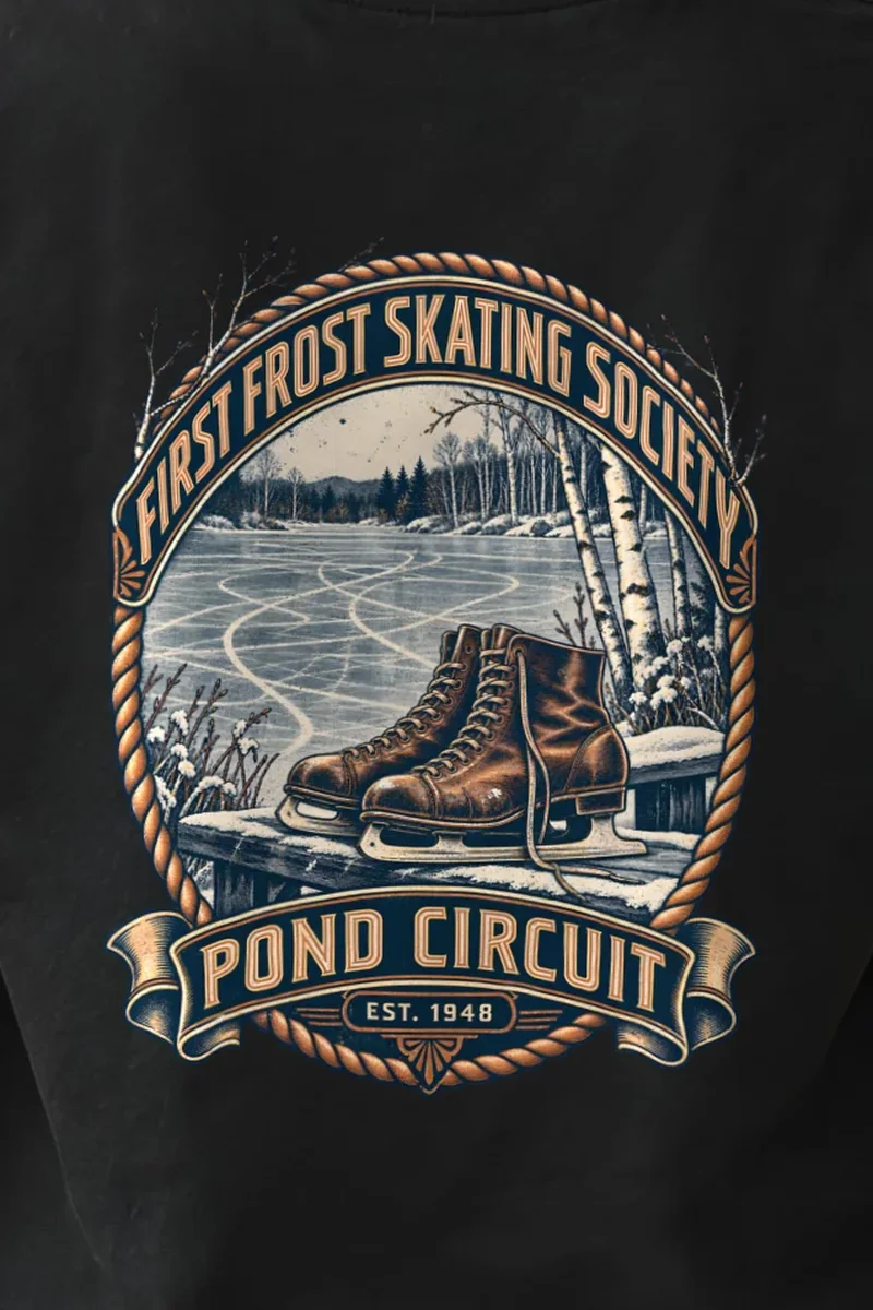 "First Frost Skating Society" Heavyweight Unisex Crewneck T-shirt - the graphic up close