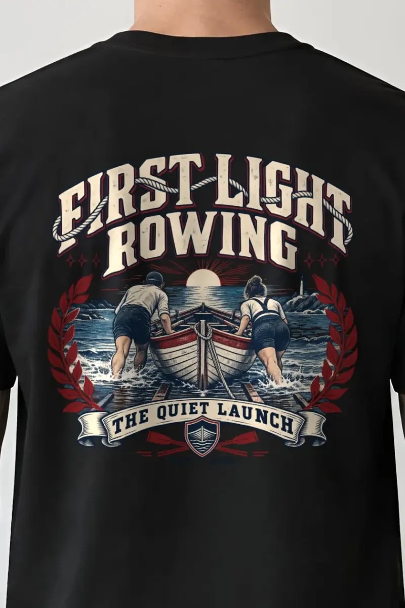 "First Light Rowing" Heavyweight Unisex Crewneck T-shirt - the graphic up close