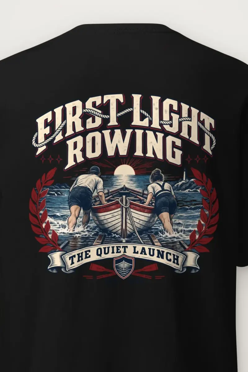 "First Light Rowing" Heavyweight Unisex Crewneck T-shirt - the graphic up close