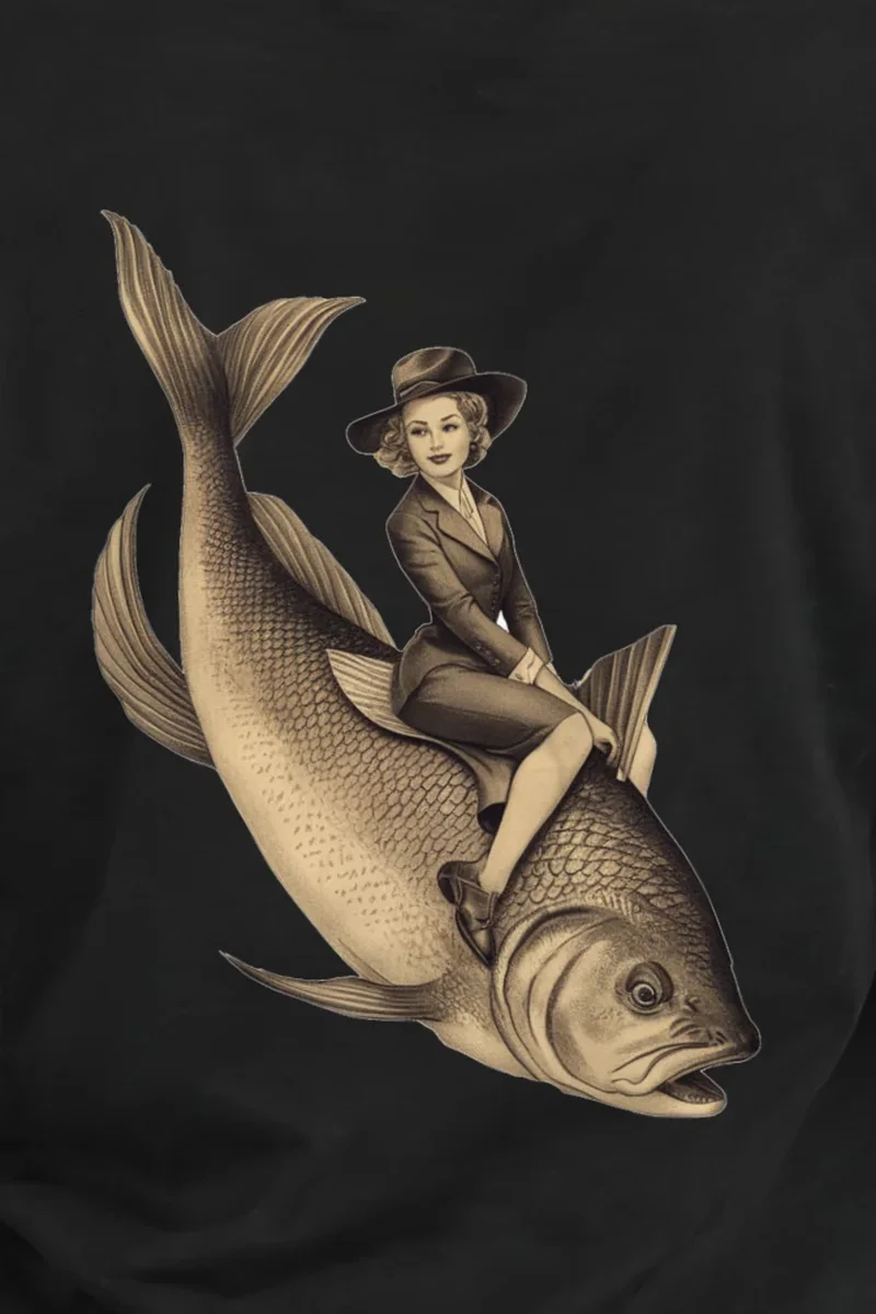 "Fish Rider" Heavyweight Unisex Crewneck T-shirt - the graphic up close