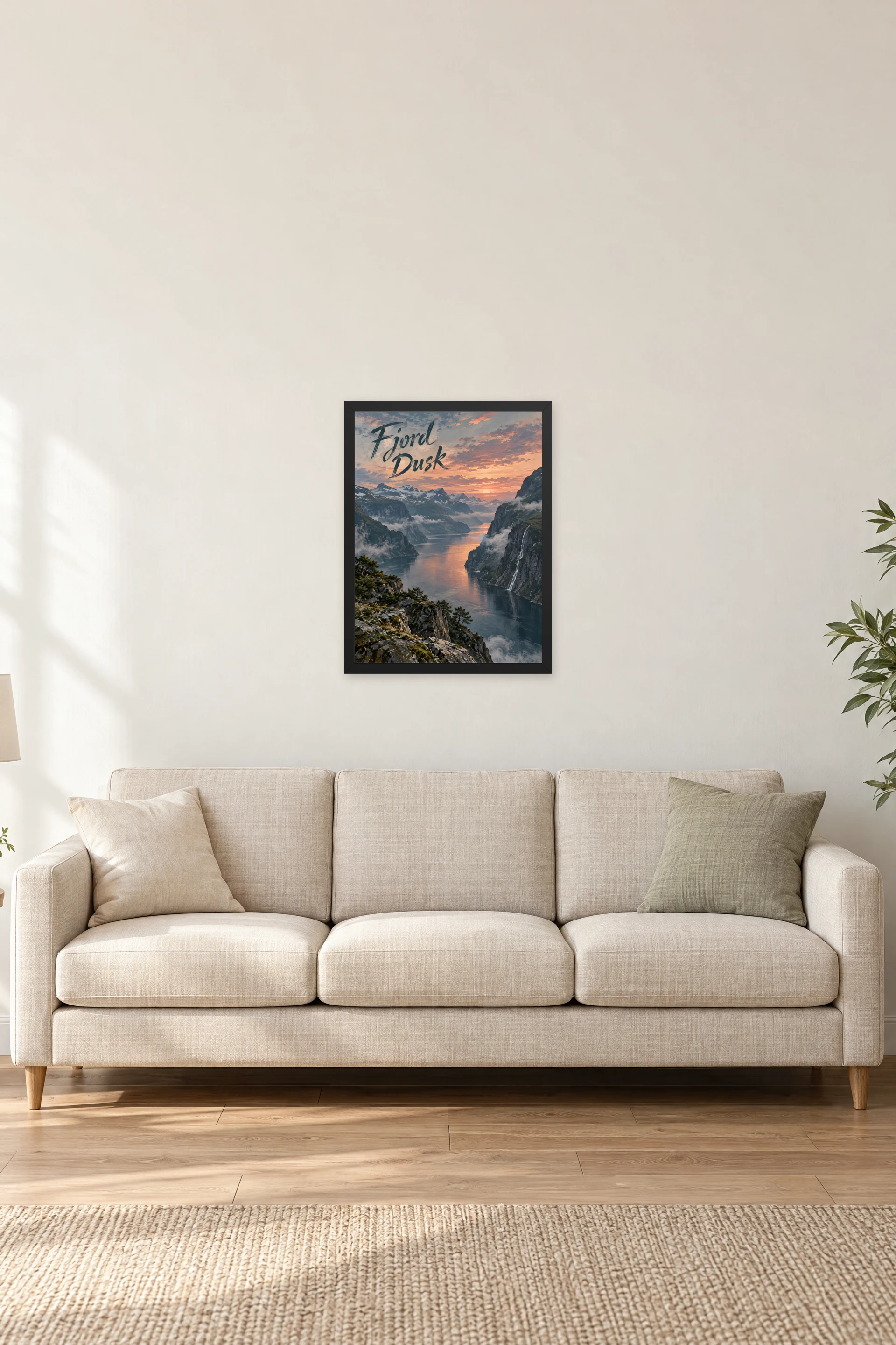"Fjord Dusk" Premium Wooden Framed Poster — Black frame, 18 × 24 in