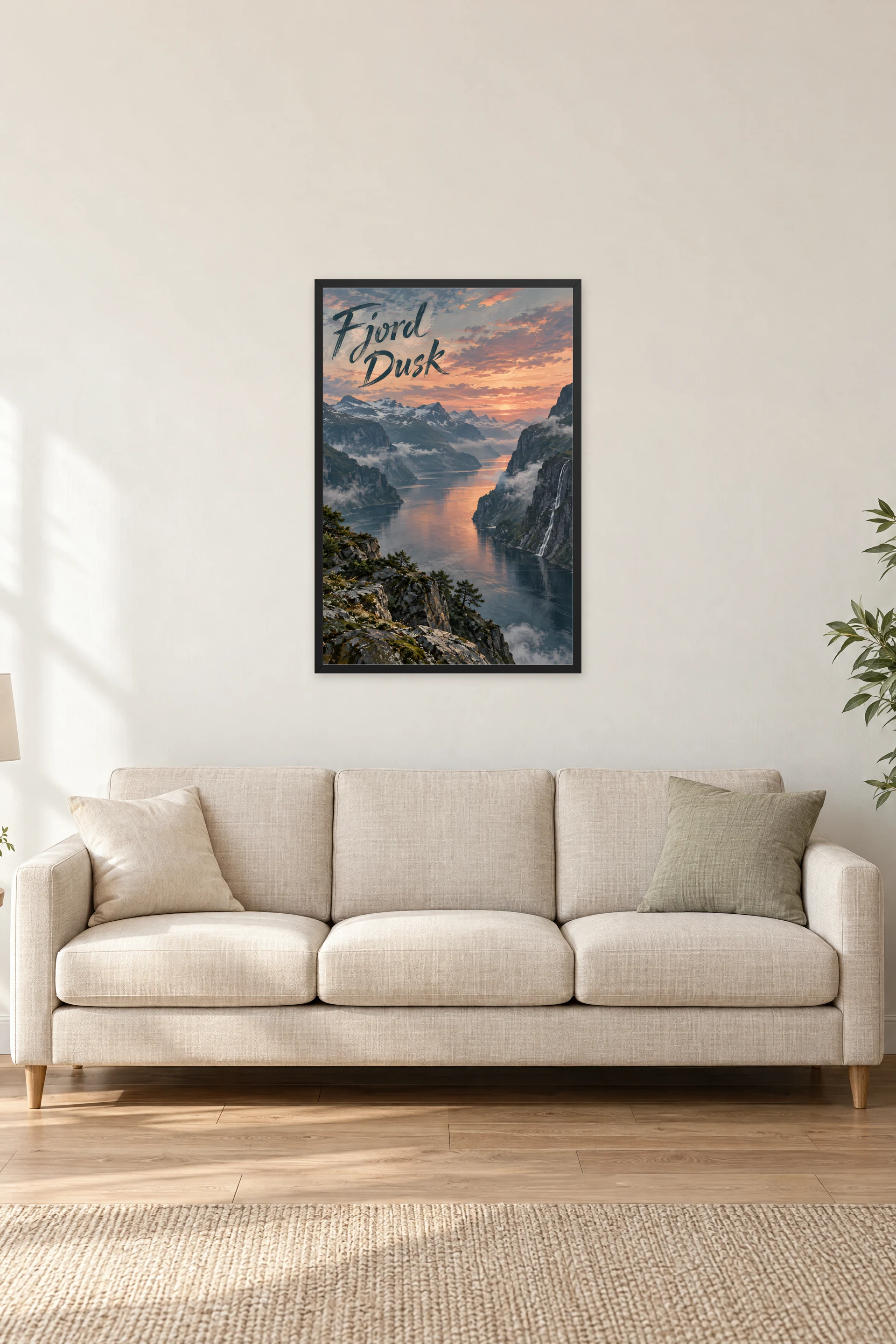 "Fjord Dusk" Premium Wooden Framed Poster — Black frame, 24 × 36 in