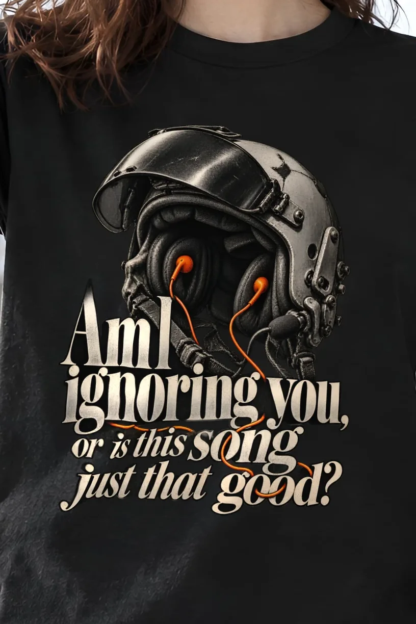 "Flight Helmet Earbuds" Heavyweight Unisex Crewneck T-shirt - the graphic up close
