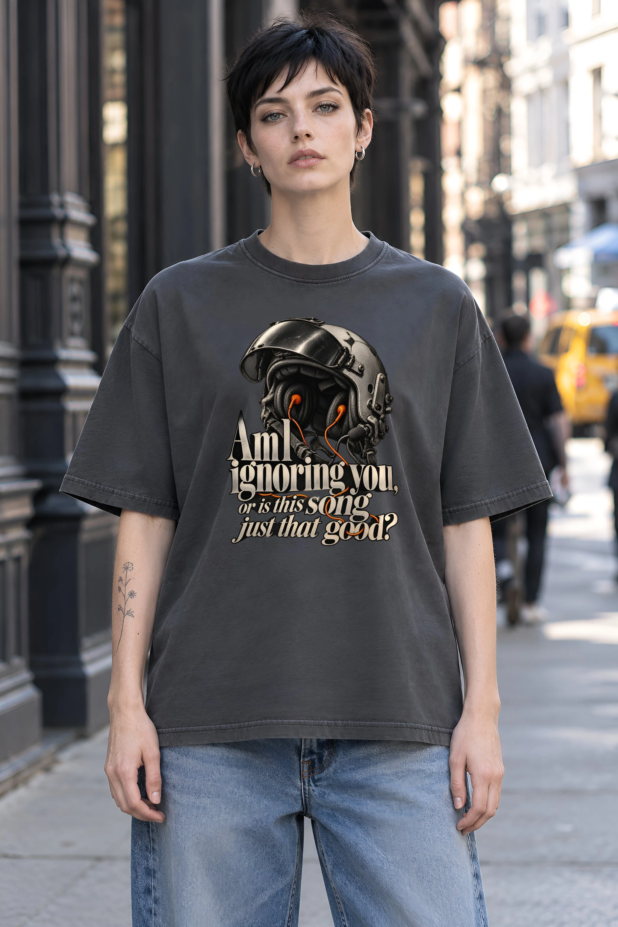 "Flight Helmet Earbuds" Unisex Oversized Heavyweight Crewneck T-Shirt