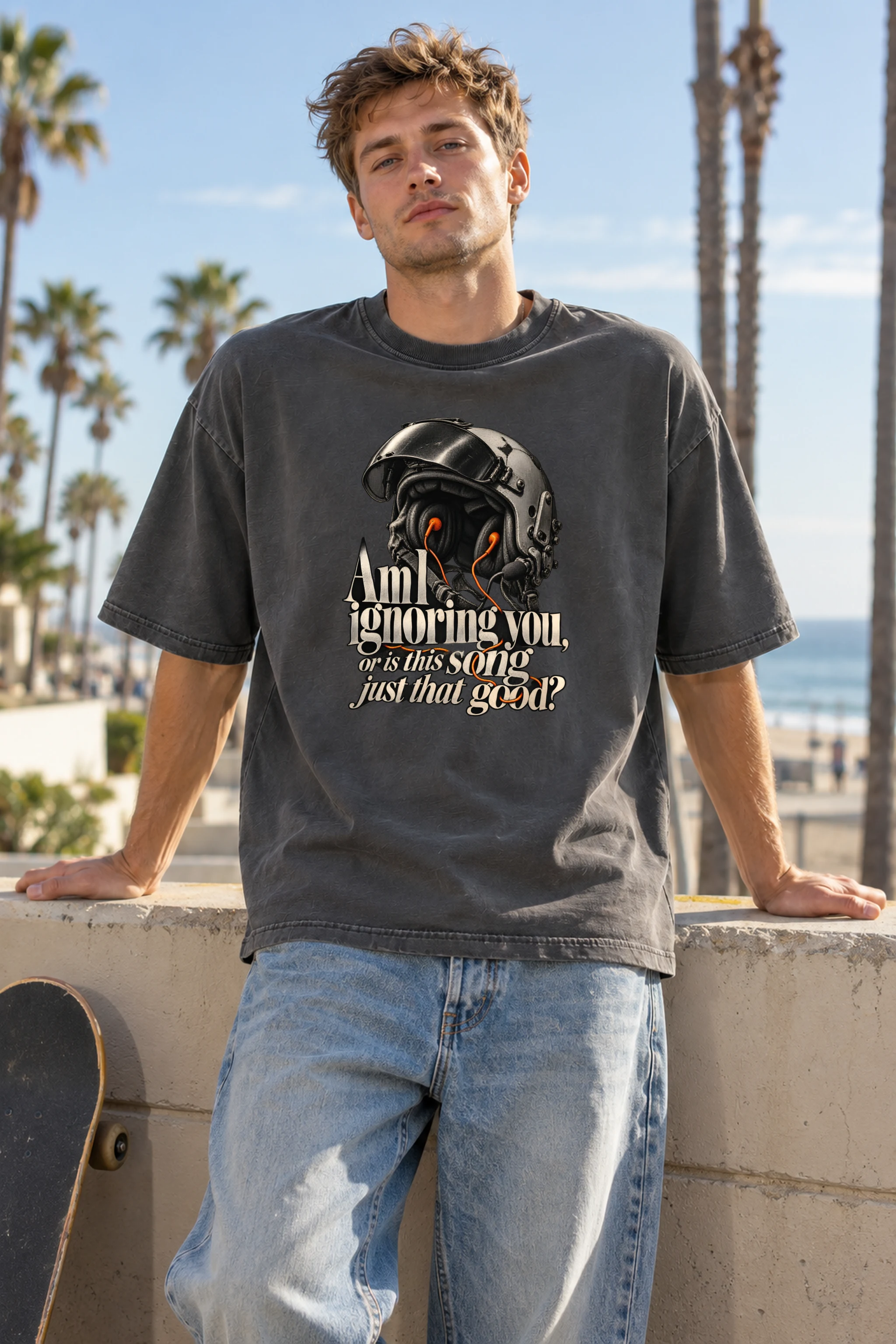 "Flight Helmet Earbuds" Unisex Oversized Heavyweight Crewneck T-Shirt