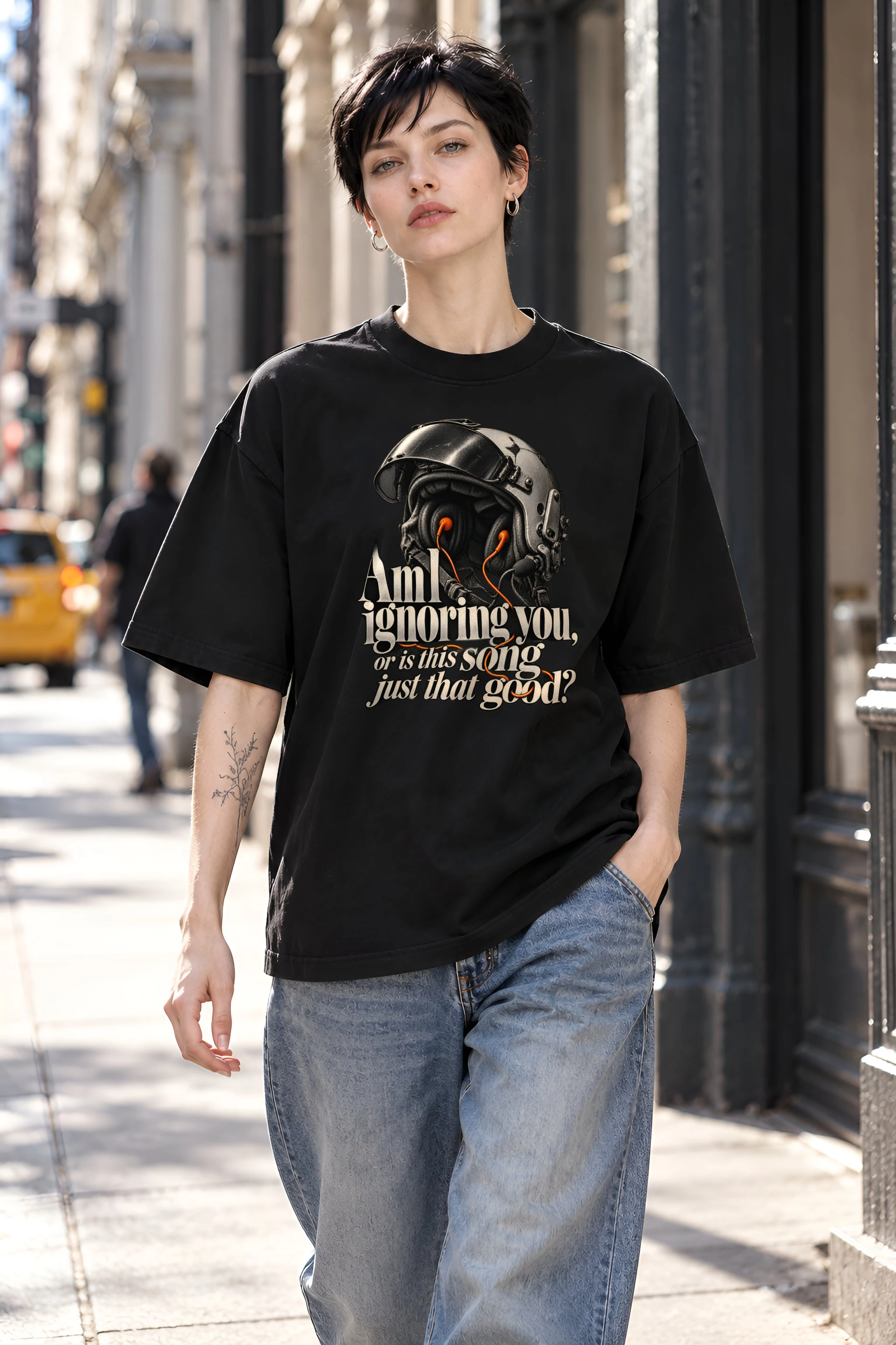 "Flight Helmet Earbuds" Unisex Oversized Heavyweight Crewneck T-Shirt