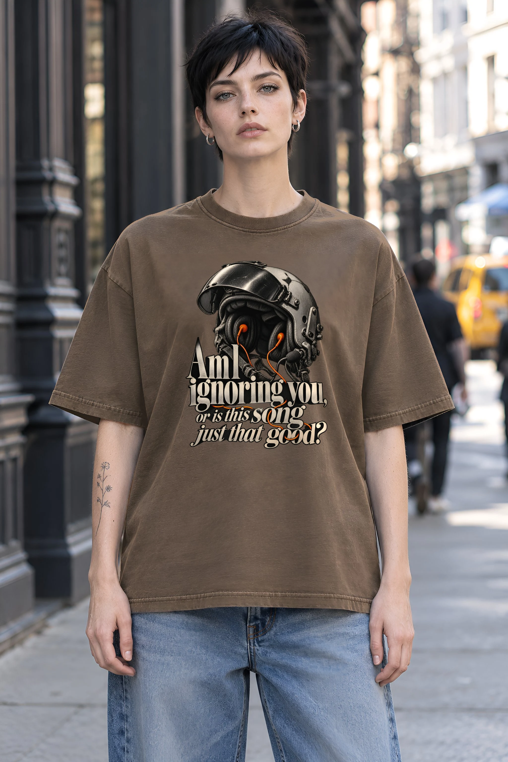 "Flight Helmet Earbuds" Unisex Oversized Heavyweight Crewneck T-Shirt