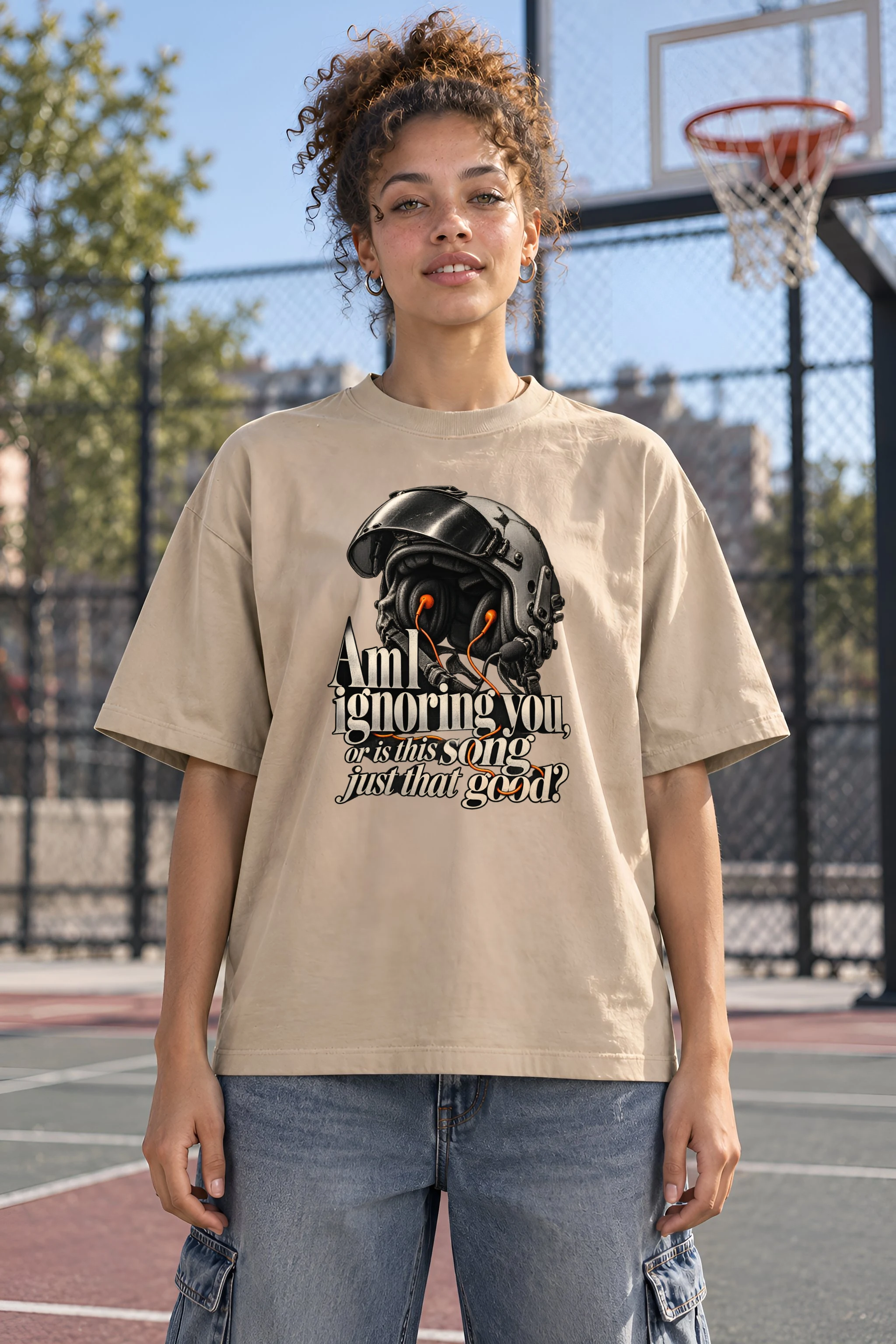 "Flight Helmet Earbuds" Unisex Oversized Heavyweight Crewneck T-Shirt