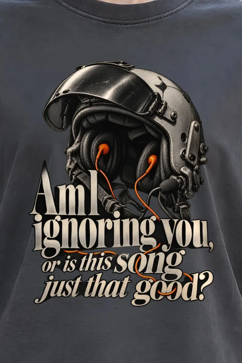 "Flight Helmet Earbuds" Unisex Oversized Heavyweight Crewneck T-Shirt - the graphic up close