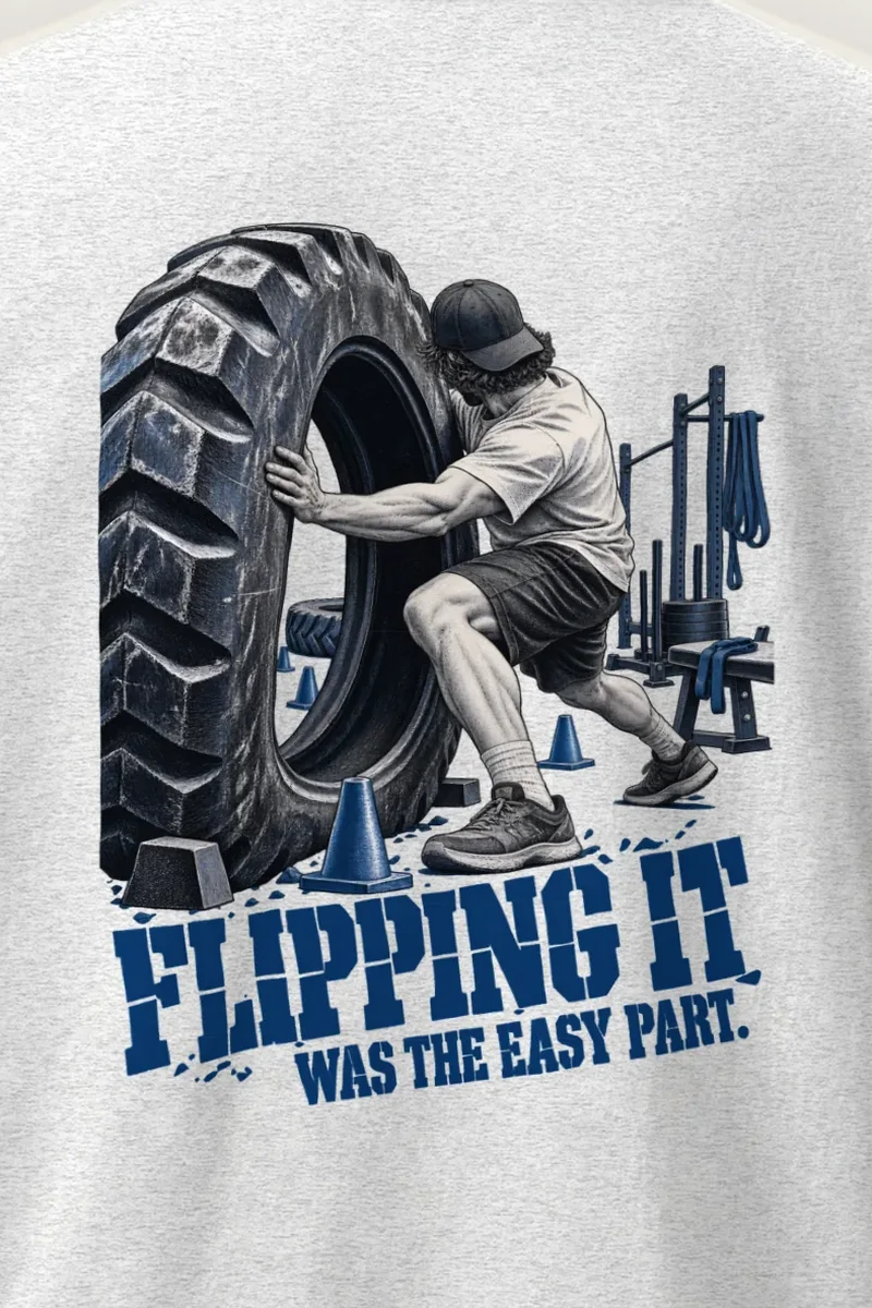 "Flipping It Was the Easy Part" Heavyweight Unisex Crewneck T-shirt - the graphic up close