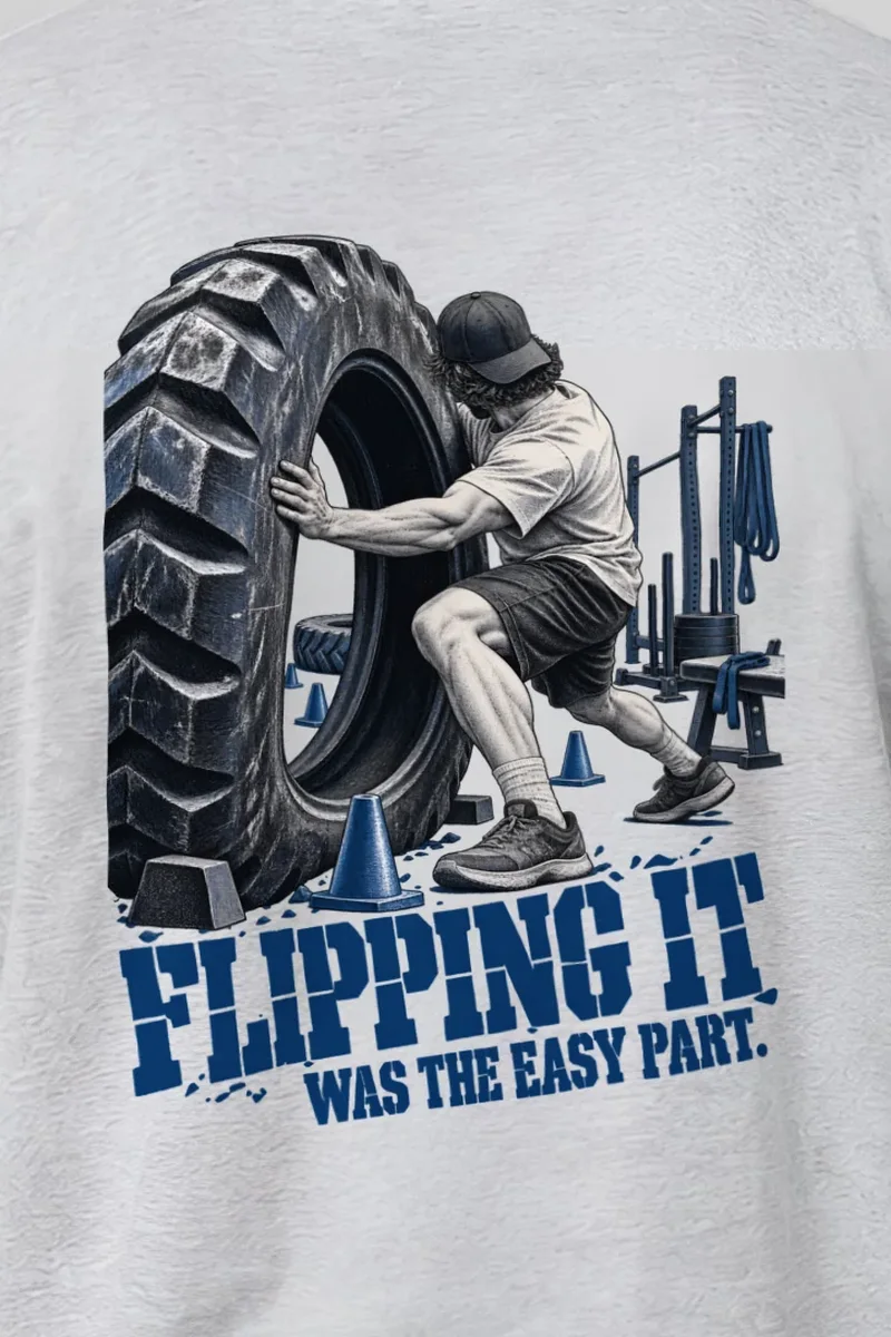 "Flipping It Was the Easy Part" Heavyweight Unisex Crewneck T-shirt - the graphic up close