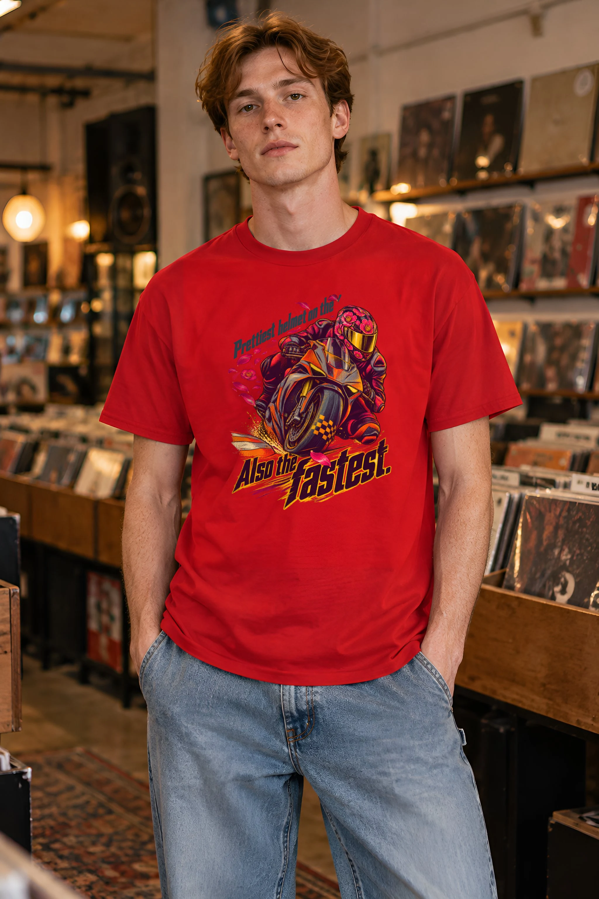 "Floral Motorcycle Racer" Heavyweight Unisex Crewneck T-shirt