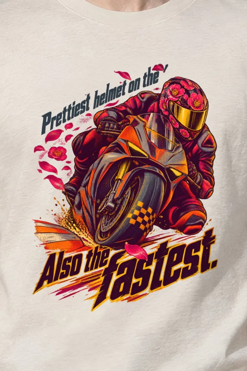 "Floral Motorcycle Racer" Heavyweight Unisex Crewneck T-shirt - the graphic up close