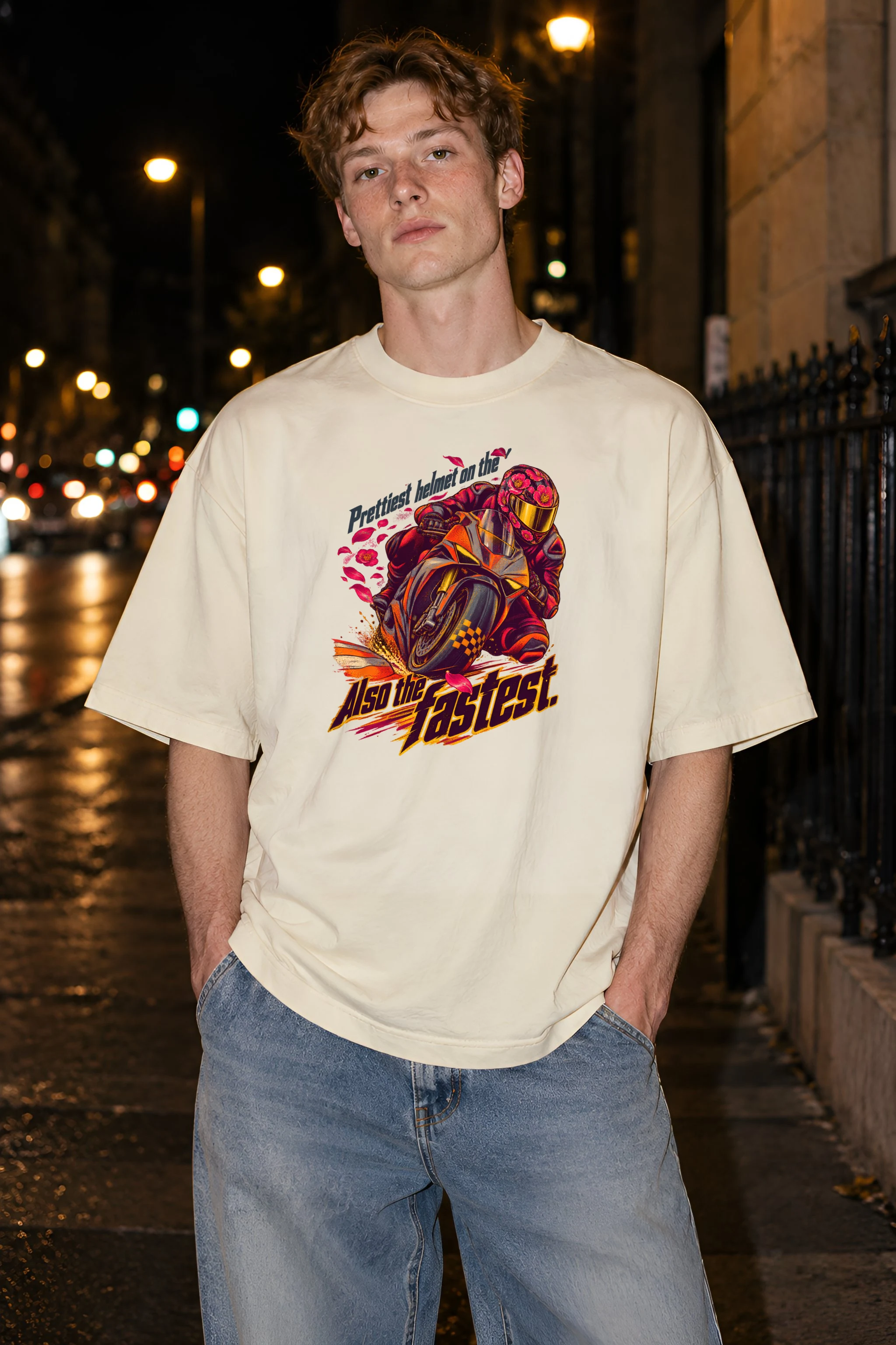 "Floral Motorcycle Racer" Unisex Oversized Heavyweight Crewneck T-Shirt