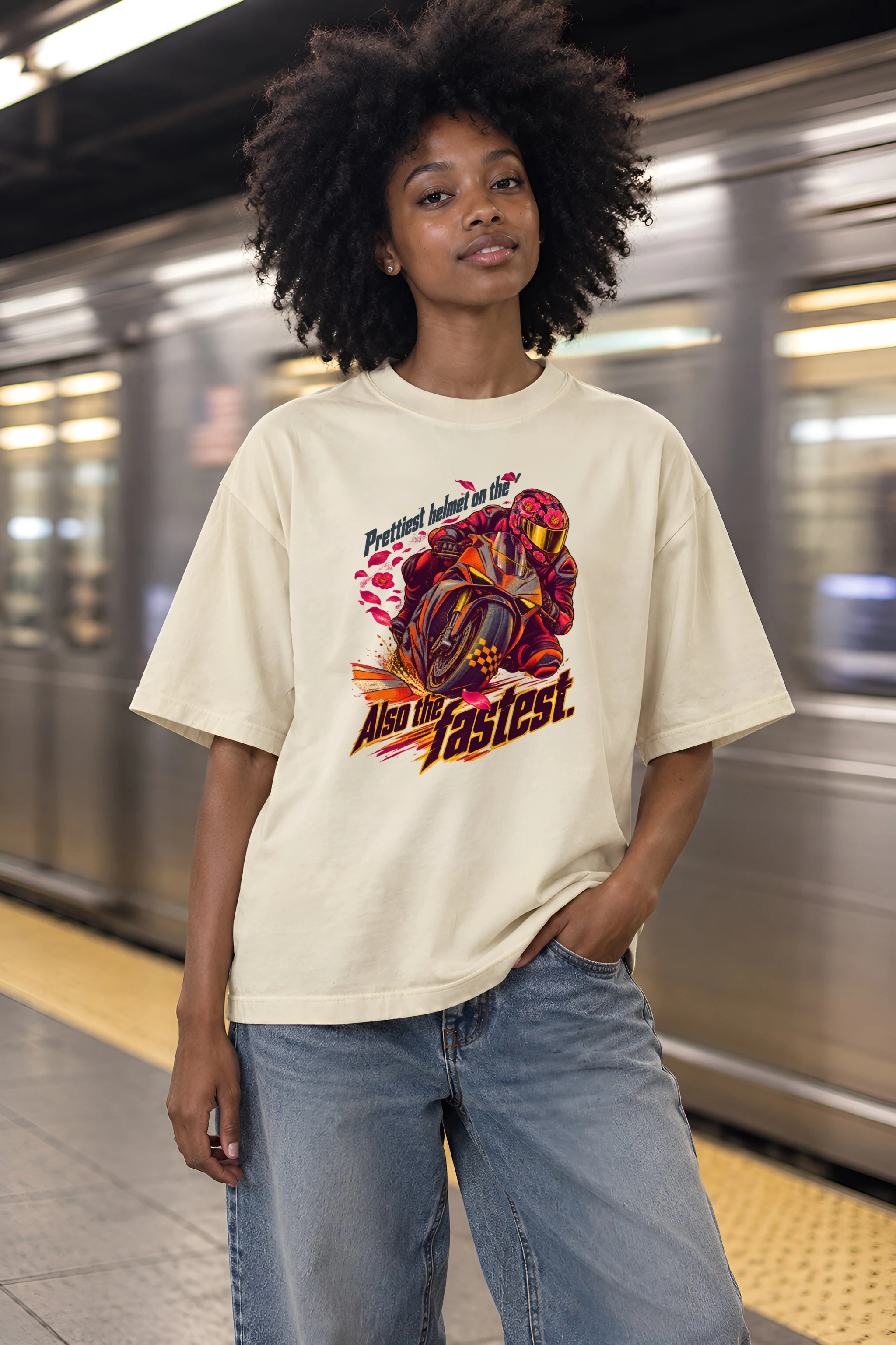 "Floral Motorcycle Racer" Unisex Oversized Heavyweight Crewneck T-Shirt