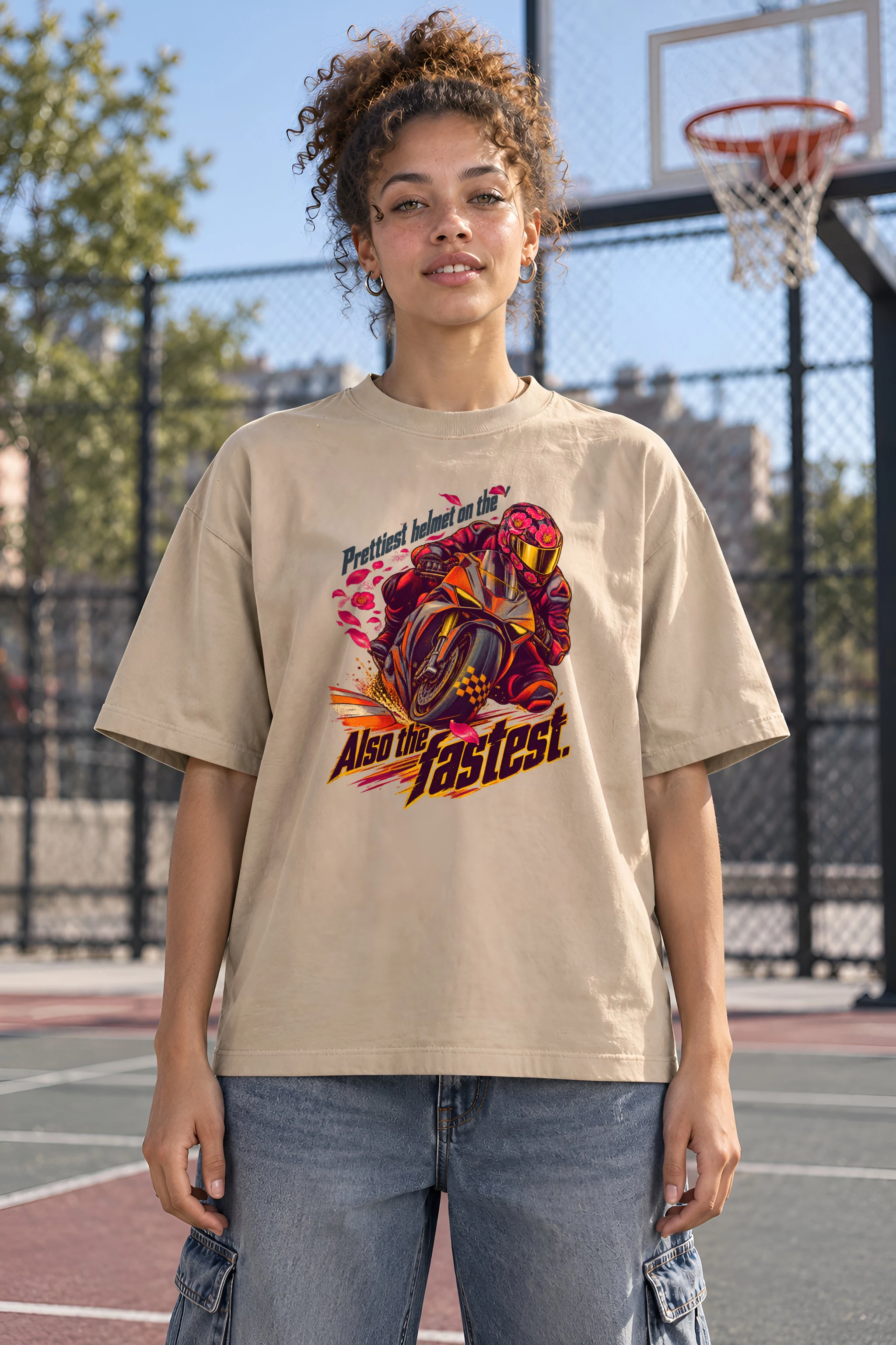"Floral Motorcycle Racer" Unisex Oversized Heavyweight Crewneck T-Shirt
