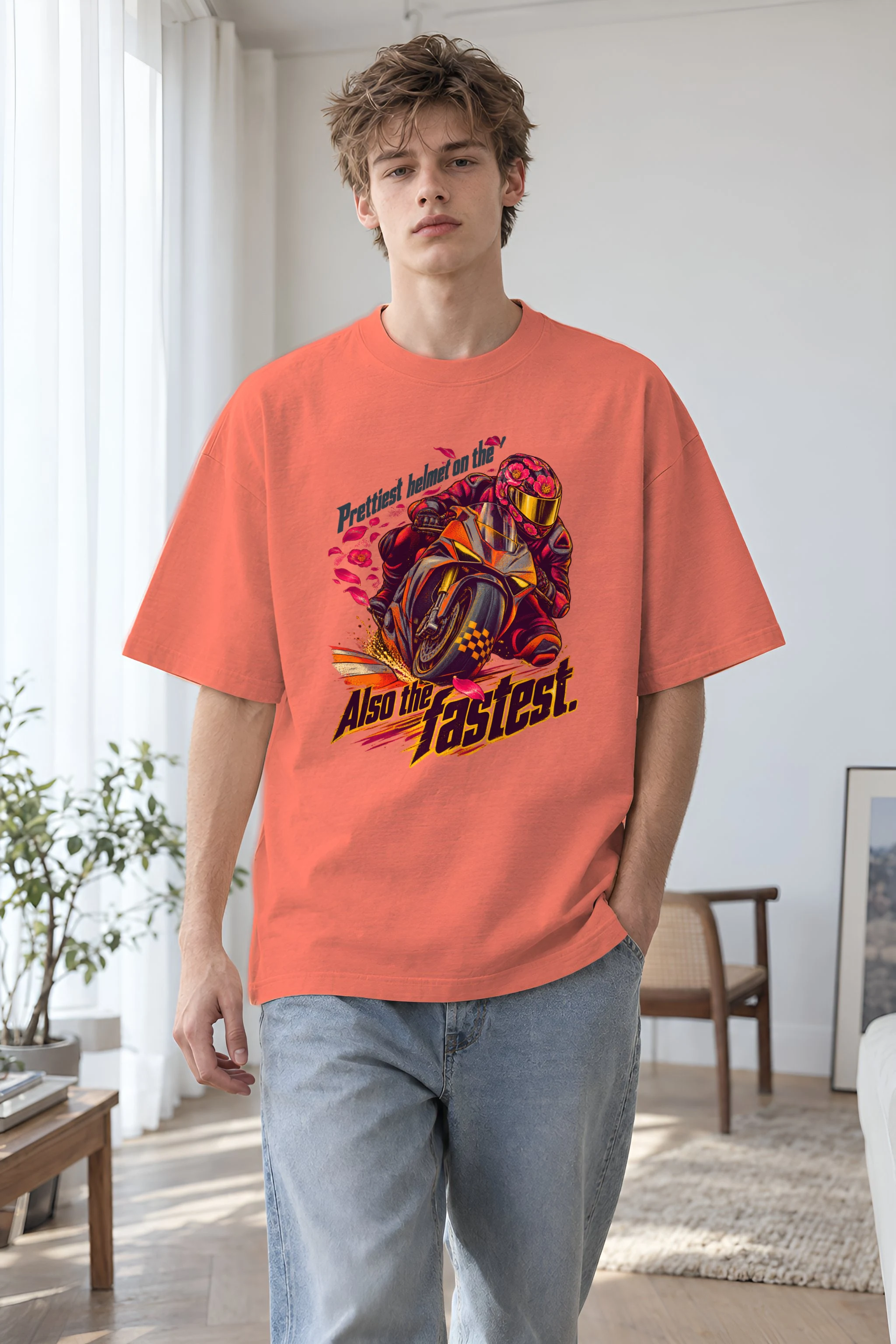 "Floral Motorcycle Racer" Unisex Oversized Heavyweight Crewneck T-Shirt