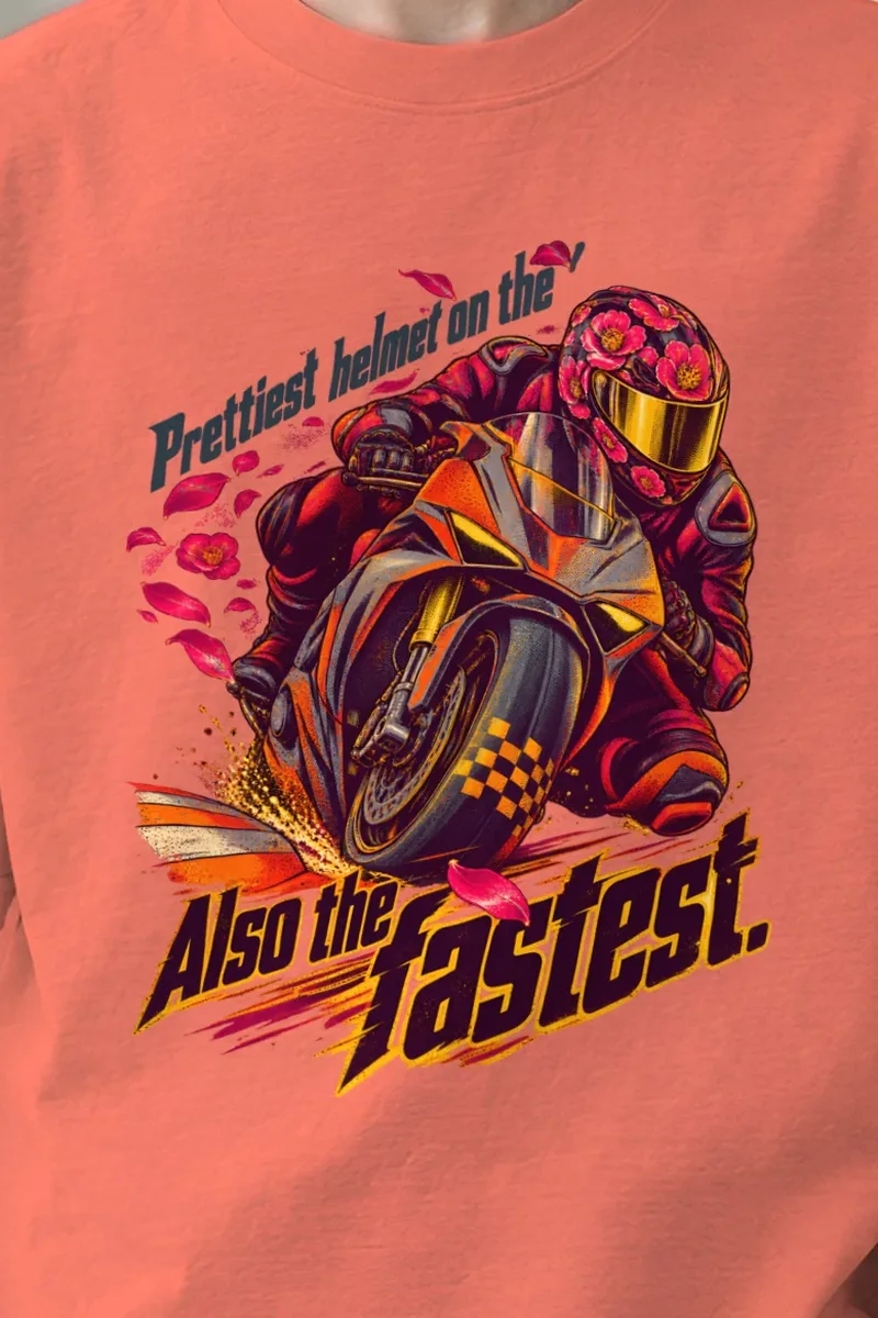 "Floral Motorcycle Racer" Unisex Oversized Heavyweight Crewneck T-Shirt - the graphic up close