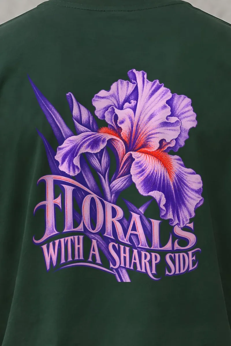 "Florals With a Sharp Side" Heavyweight Unisex Crewneck T-shirt - the graphic up close