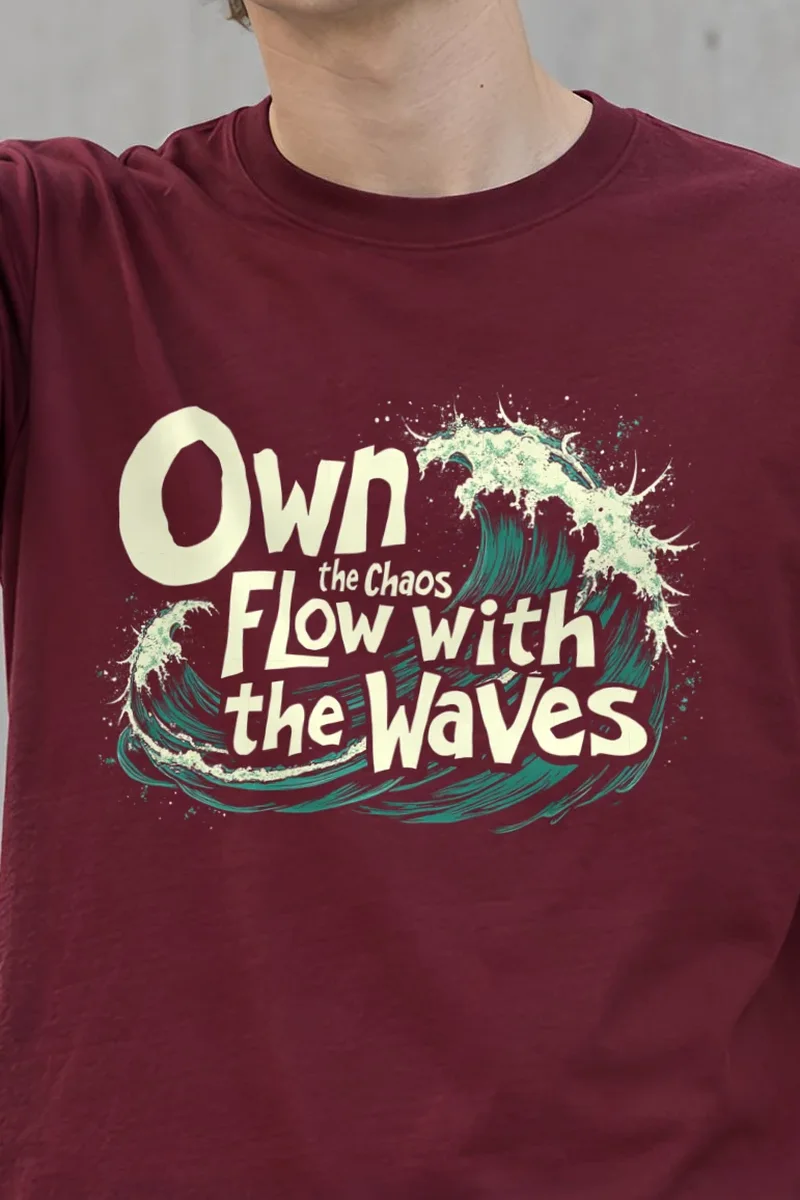 "Flow With The Waves" Heavyweight Unisex Crewneck T-shirt - the graphic up close