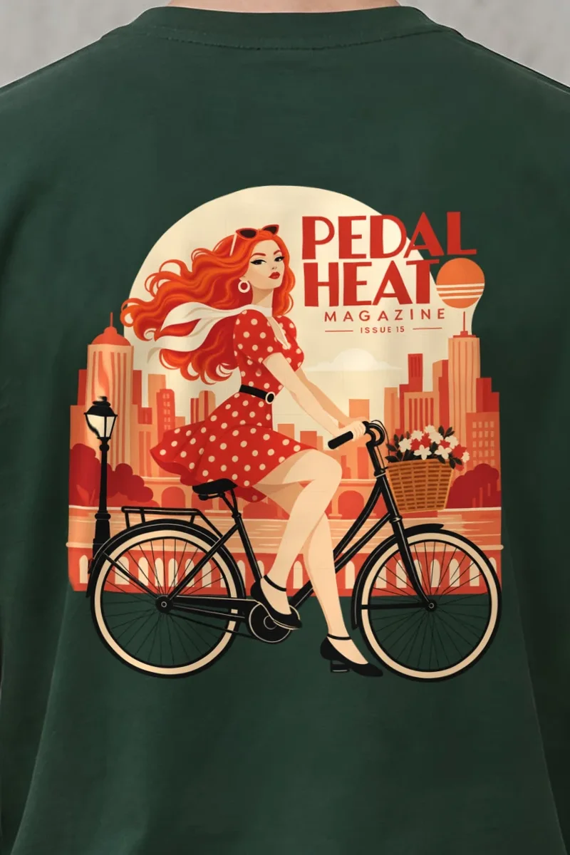 "Flower Basket Cyclist" Heavyweight Unisex Crewneck T-shirt - the graphic up close