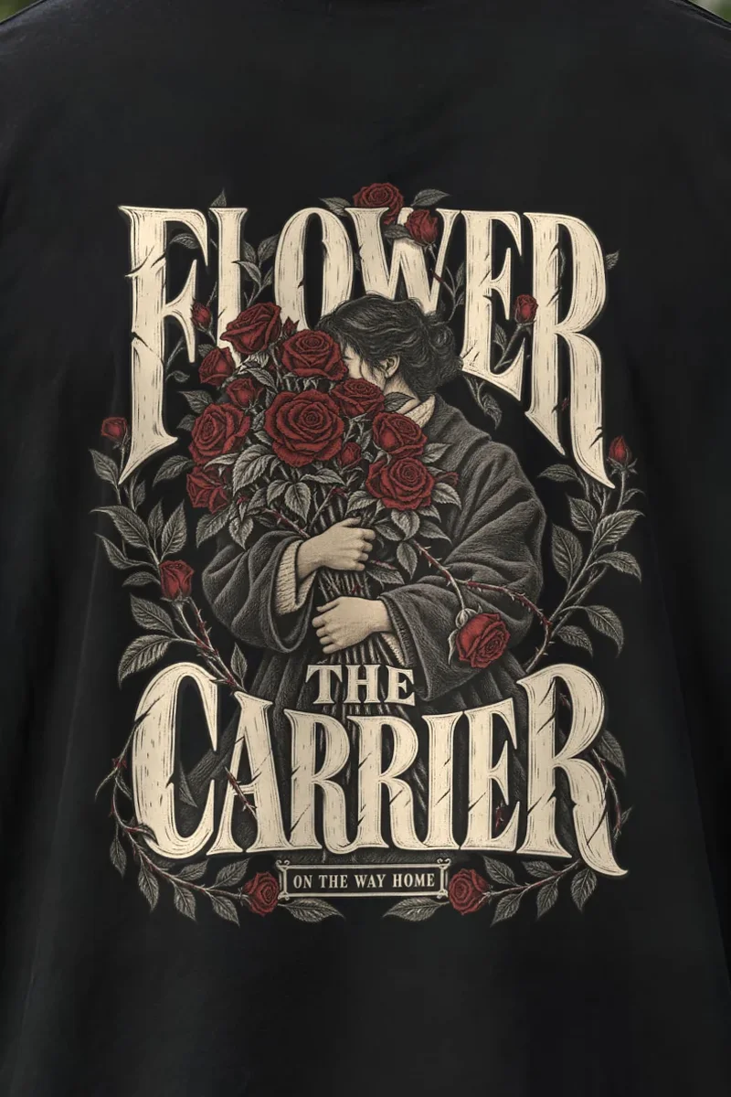 "Flower The Carrier" Men’s Oversized Heavyweight Crewneck T-Shirt - the graphic up close