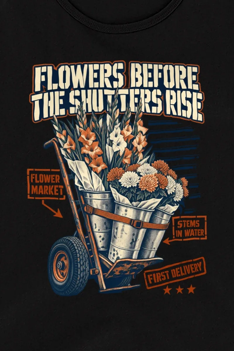 "Flowers Before the Shutters Rise" Unisex Jersey Tank - the graphic up close