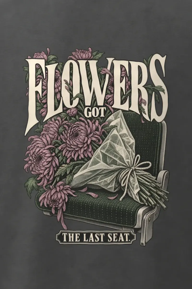 "Flowers Got The Last Seat" Men’s Oversized Heavyweight Crewneck T-Shirt - the graphic up close
