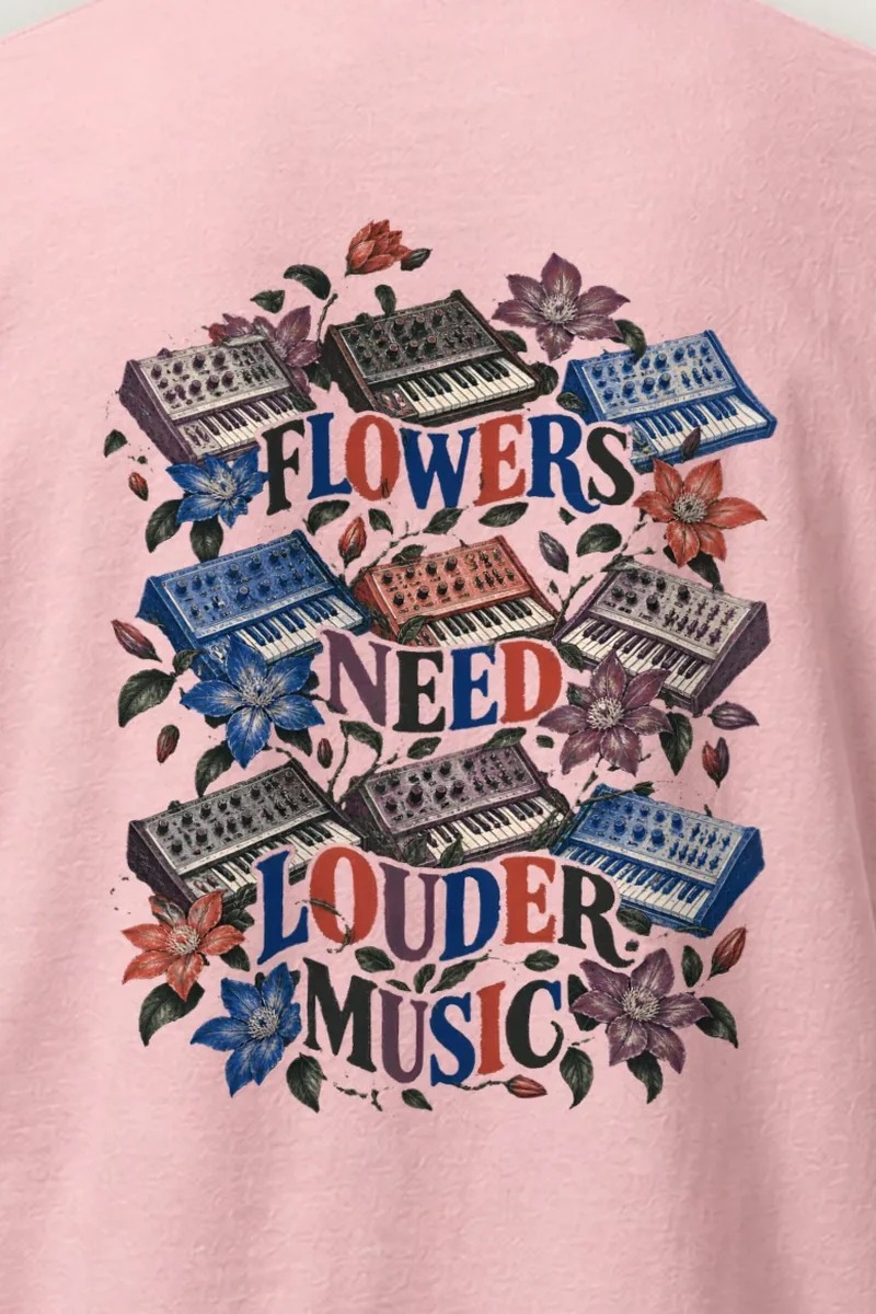 "Flowers Need Louder Music" Heavyweight Unisex Crewneck T-shirt - the graphic up close
