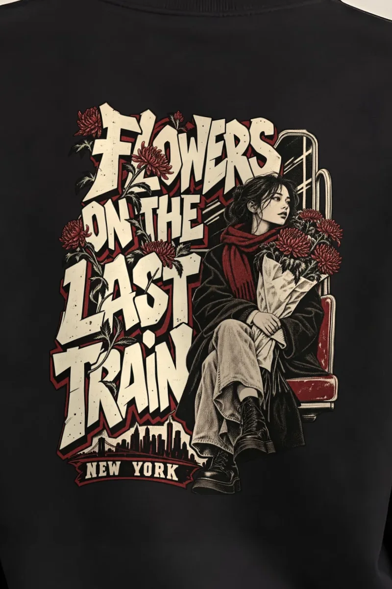 "Flowers On The Last Train New York" Heavy Blend Unisex Crewneck Sweatshirt - the graphic up close
