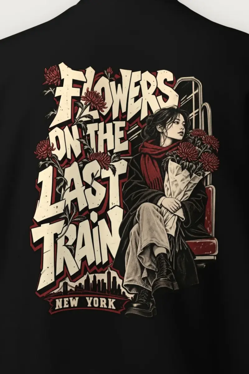 "Flowers On The Last Train New York" Heavy Blend Unisex Crewneck Sweatshirt - the graphic up close