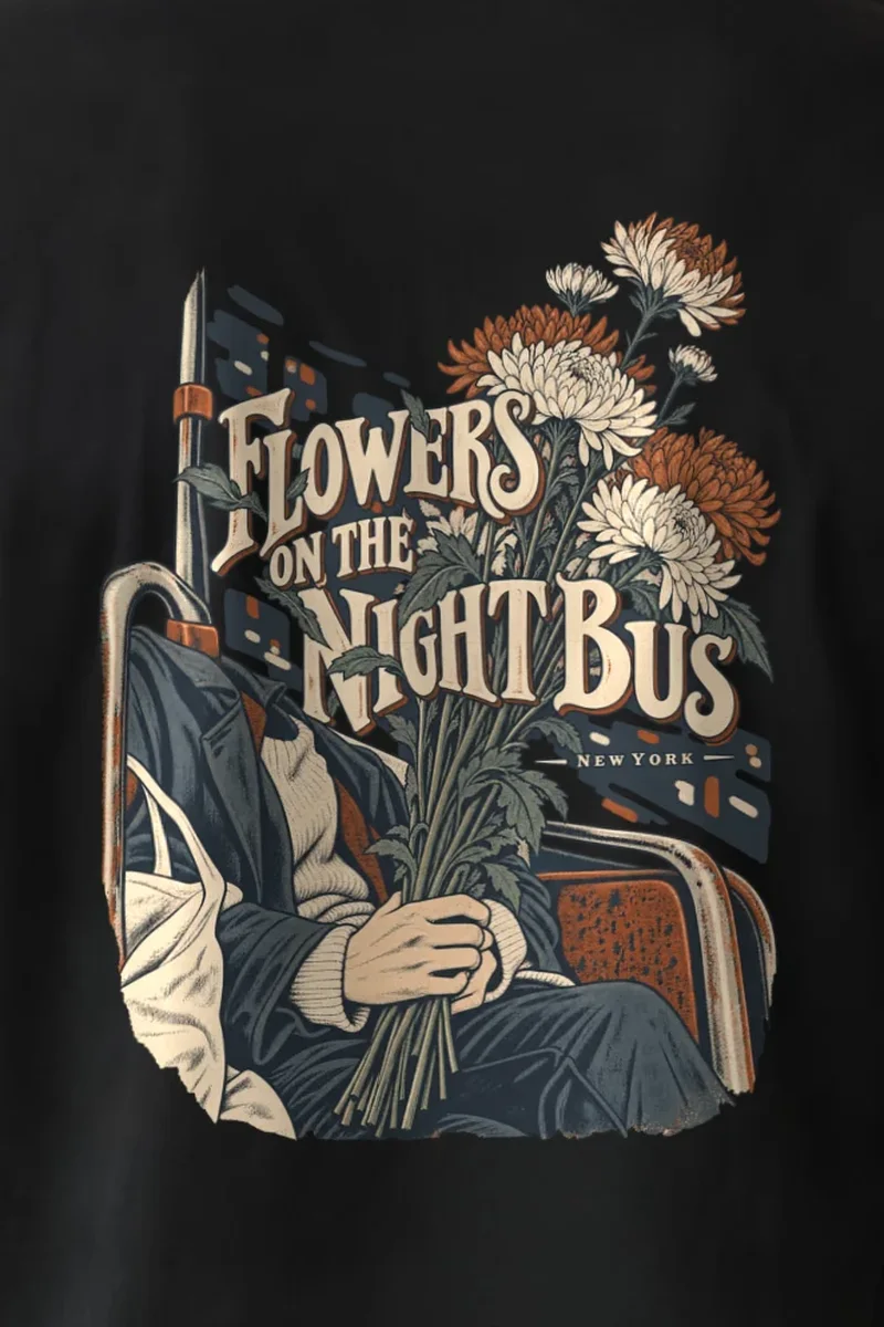 "Flowers on the Night Bus" Heavyweight Unisex Crewneck T-shirt - the graphic up close